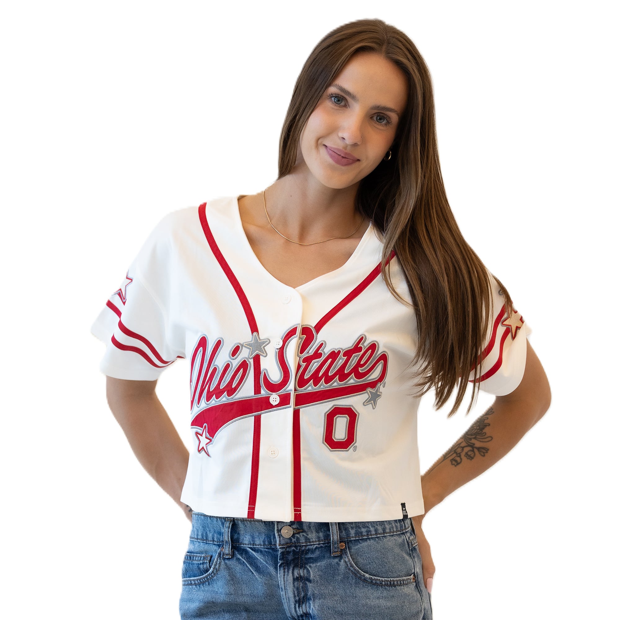 Maillot de baseball court à patch Off White Ohio State Buckeyes pour femmes, idéal les journées match.