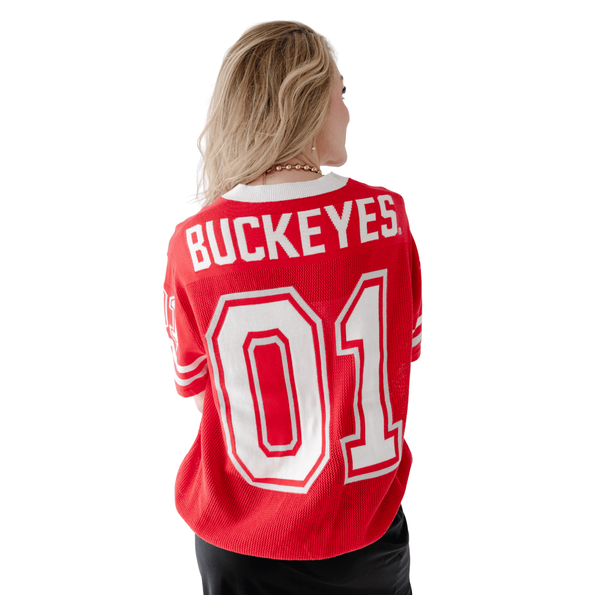 Pull de football américain tricoté Scarlet Ohio State Buckeyes pour femmes, idéal les jours match.