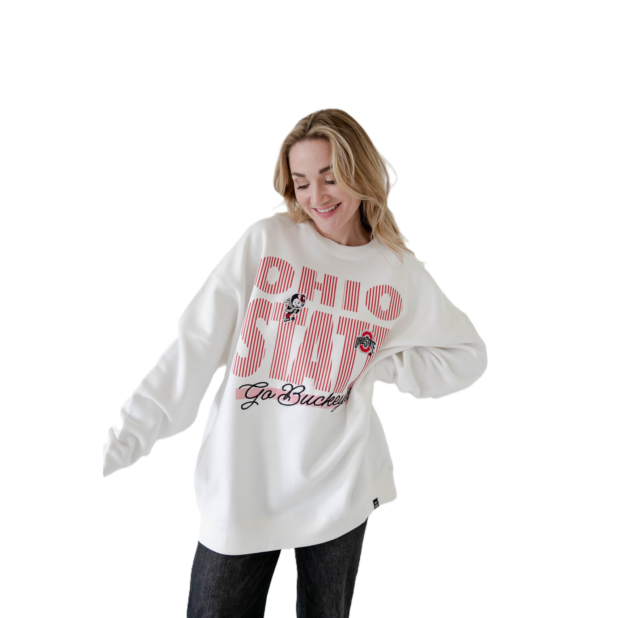 Sweat-shirt rayé blanc à écusson Ohio State Buckeyes pour femmes, idéal les jours de match