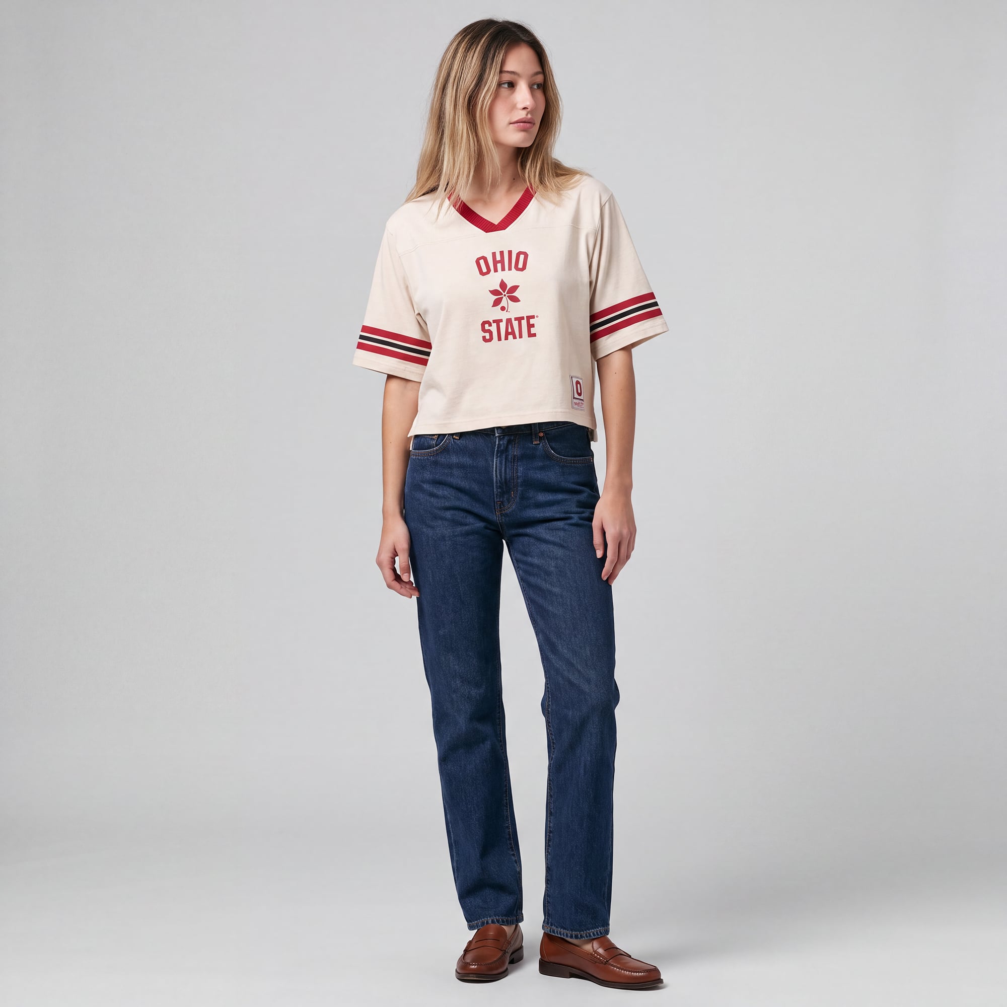T-shirt court à empiècement carré Mitchell & Ness crème pour femme, Ohio State Buckeyes Retro Roots