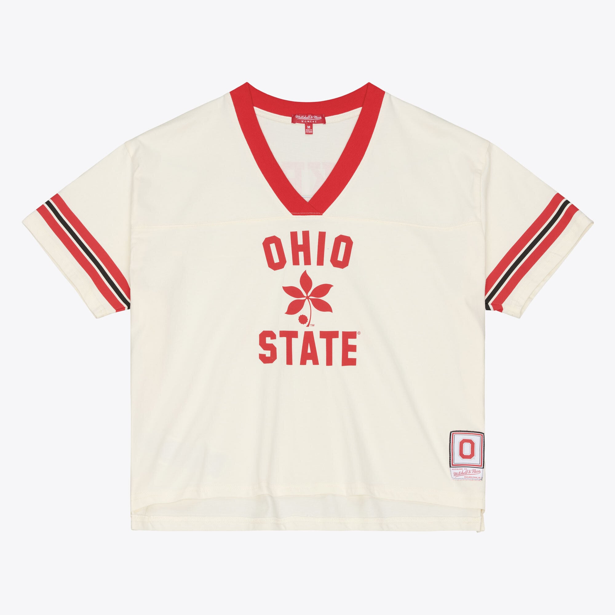 Women's Mitchell & Ness Cream Ohio State Buckeyes Retro Roots Crop Boxy Yoke T-Shirt
