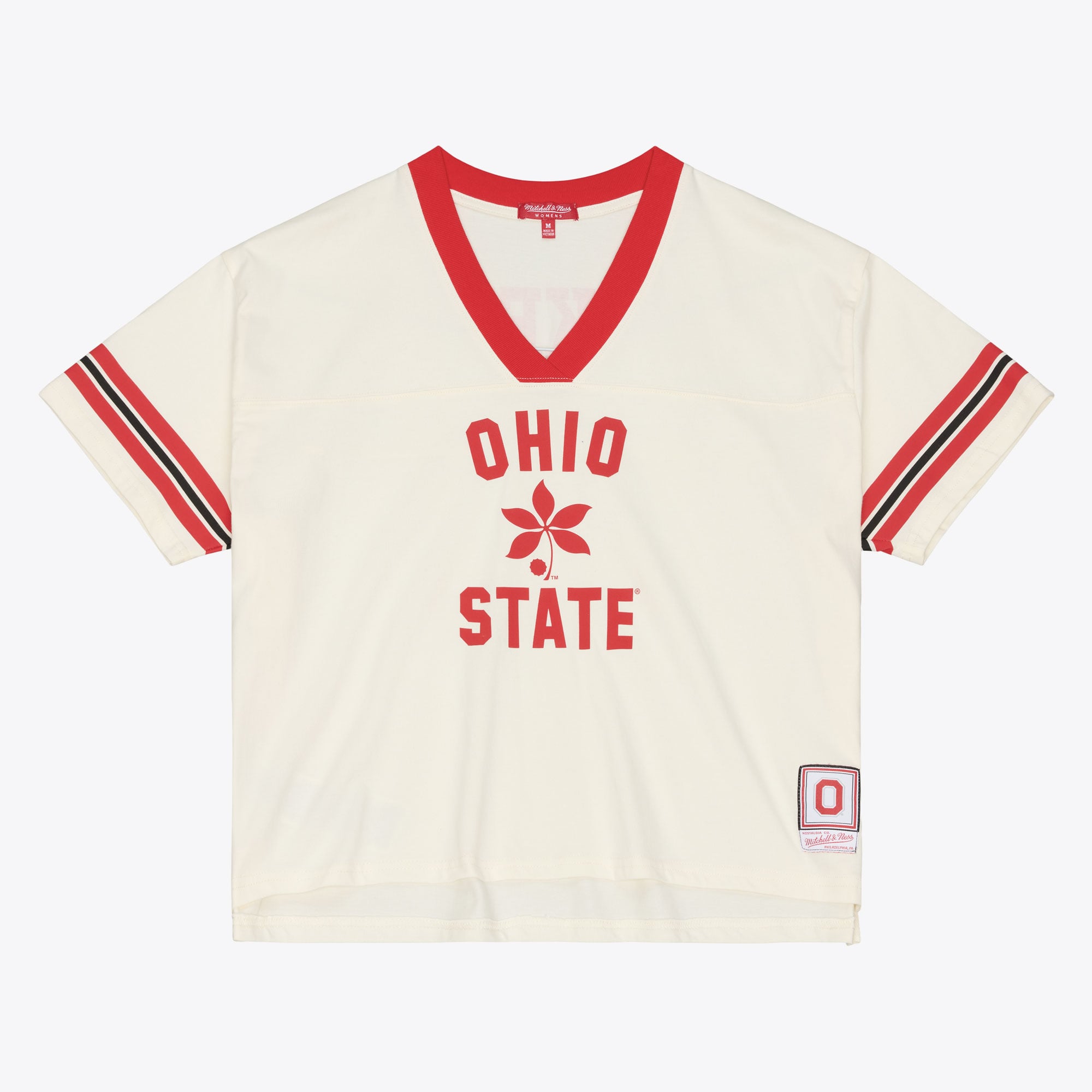 T-shirt court à empiècement carré Mitchell & Ness crème pour femme, Ohio State Buckeyes Retro Roots