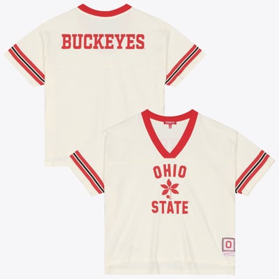 Ohio State Buckeyes Mitchell & Ness Women's Retro Roots Crop Boxy Yoke T-Shirt - Cream
