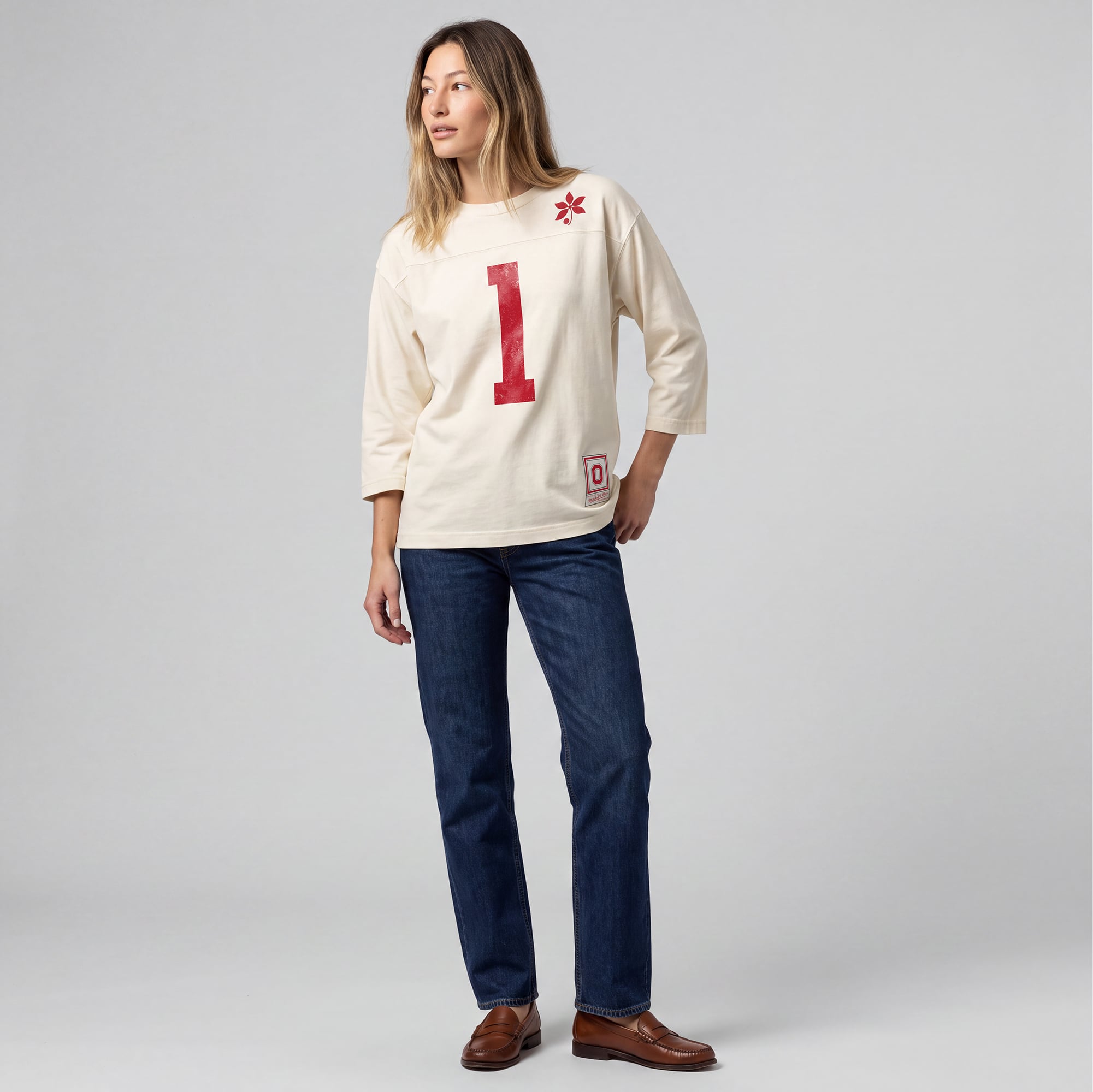 T-shirt oversize à manches 3/4 Mitchell & Ness crème Ohio State Buckeyes Retro Roots pour femmes