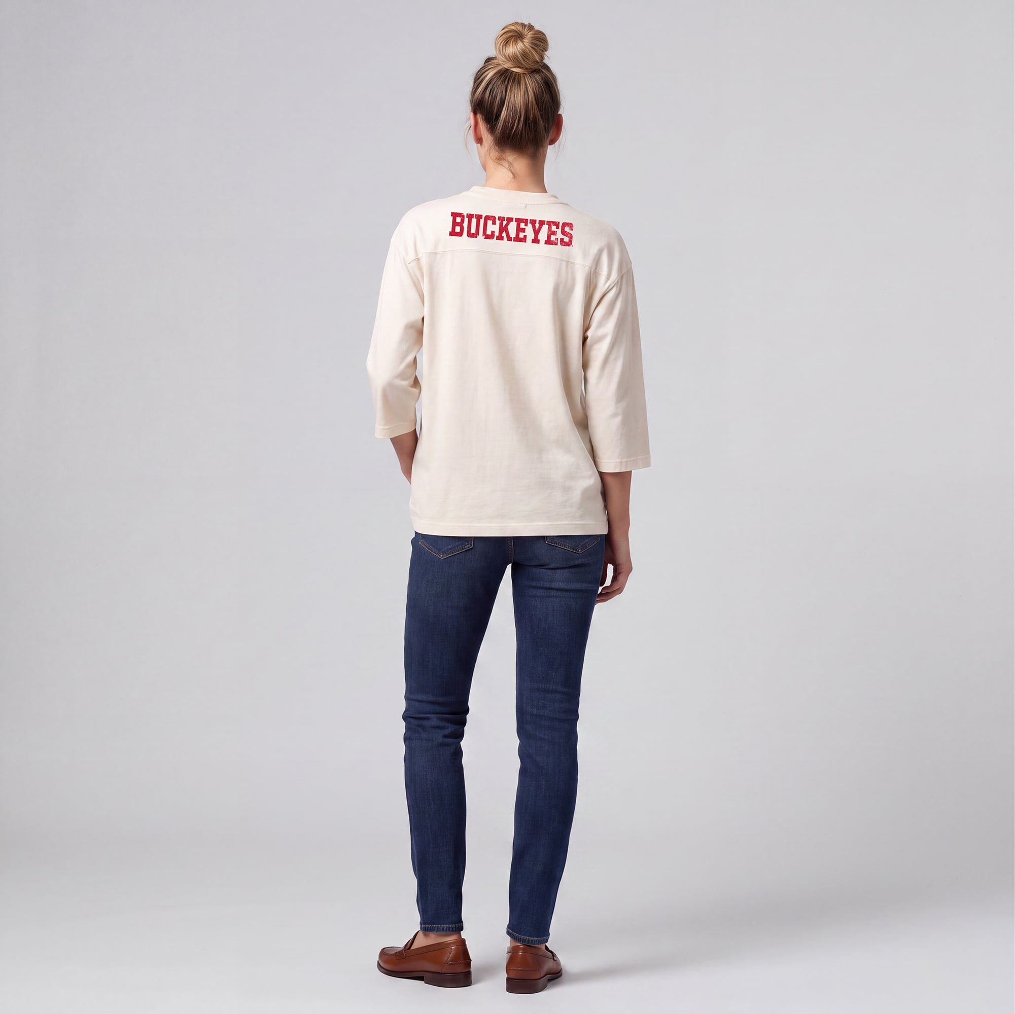T-shirt oversize à manches 3/4 Mitchell & Ness crème Ohio State Buckeyes Retro Roots pour femmes