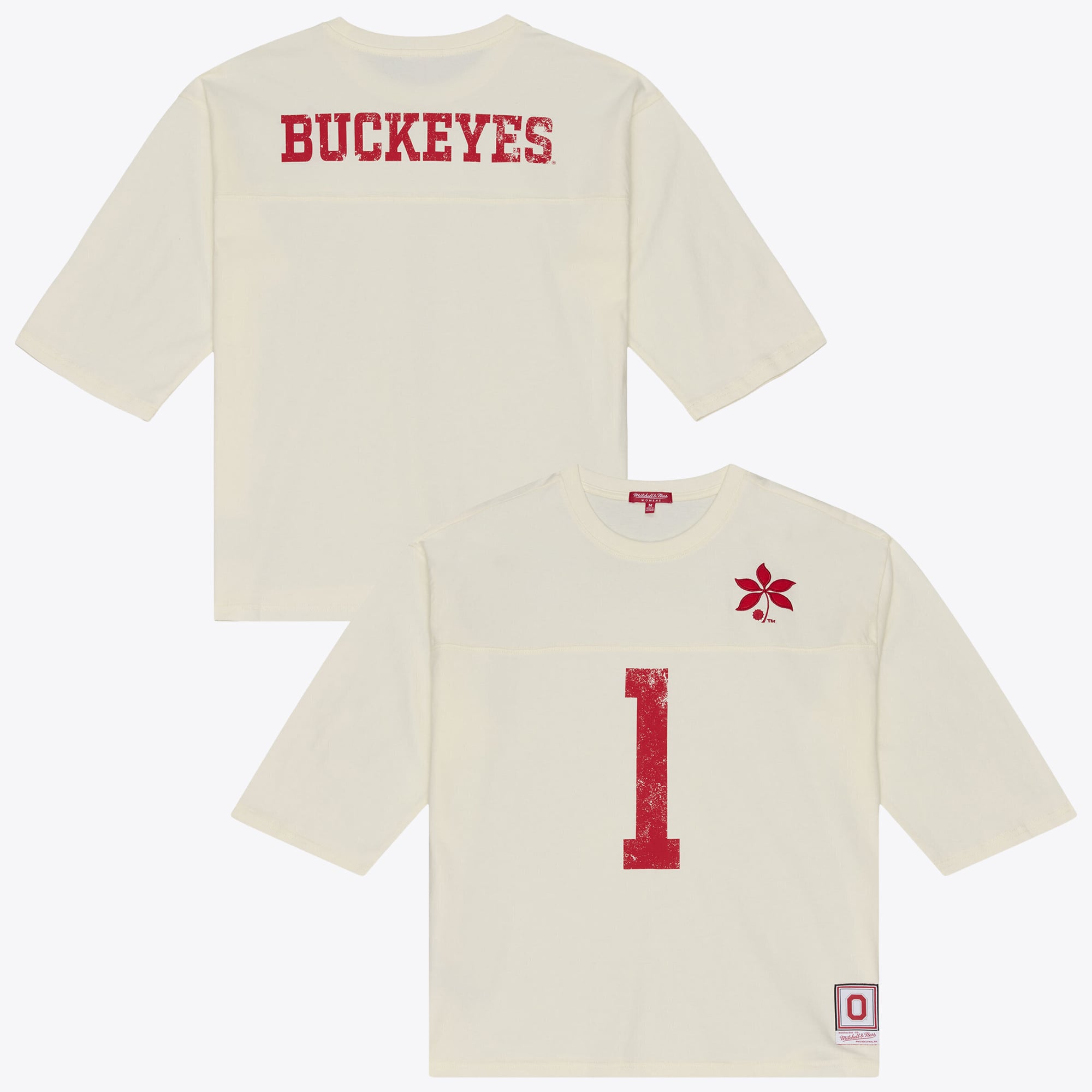 Women's Mitchell & Ness Cream Ohio State Buckeyes Retro Roots Oversized 3/4-Sleeve T-Shirt