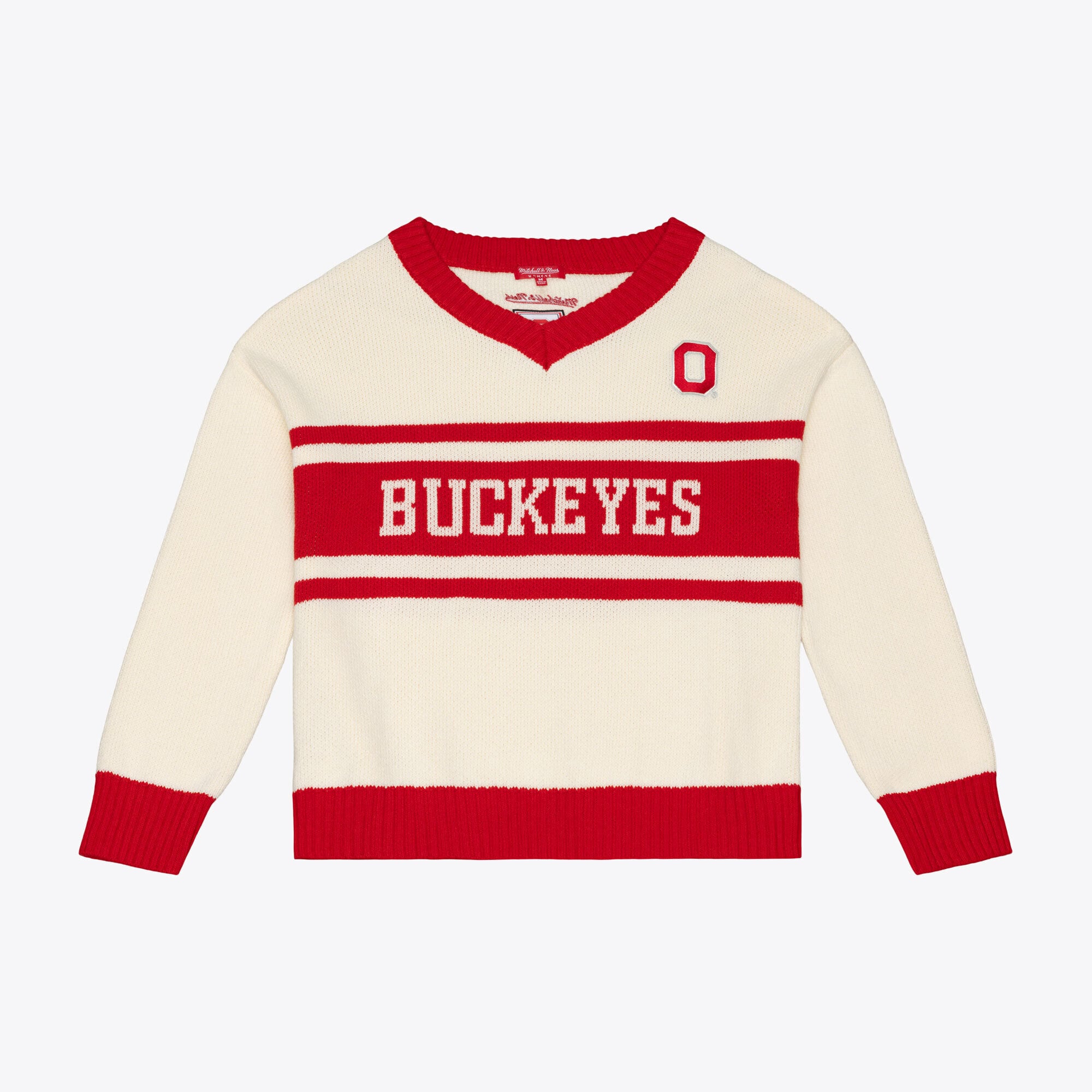 Pull Mitchell & Ness crème à col en V pour femme, motif rétro des Buckeyes de l'Ohio State.
