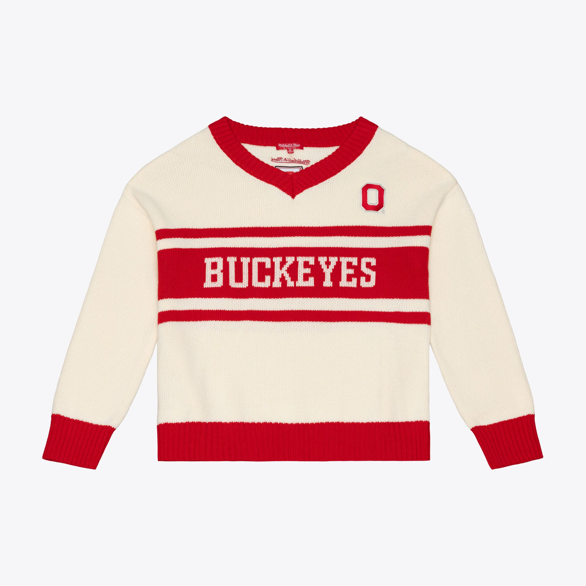 Pull Mitchell & Ness crème à col en V pour femme, motif rétro des Buckeyes de l'Ohio State.