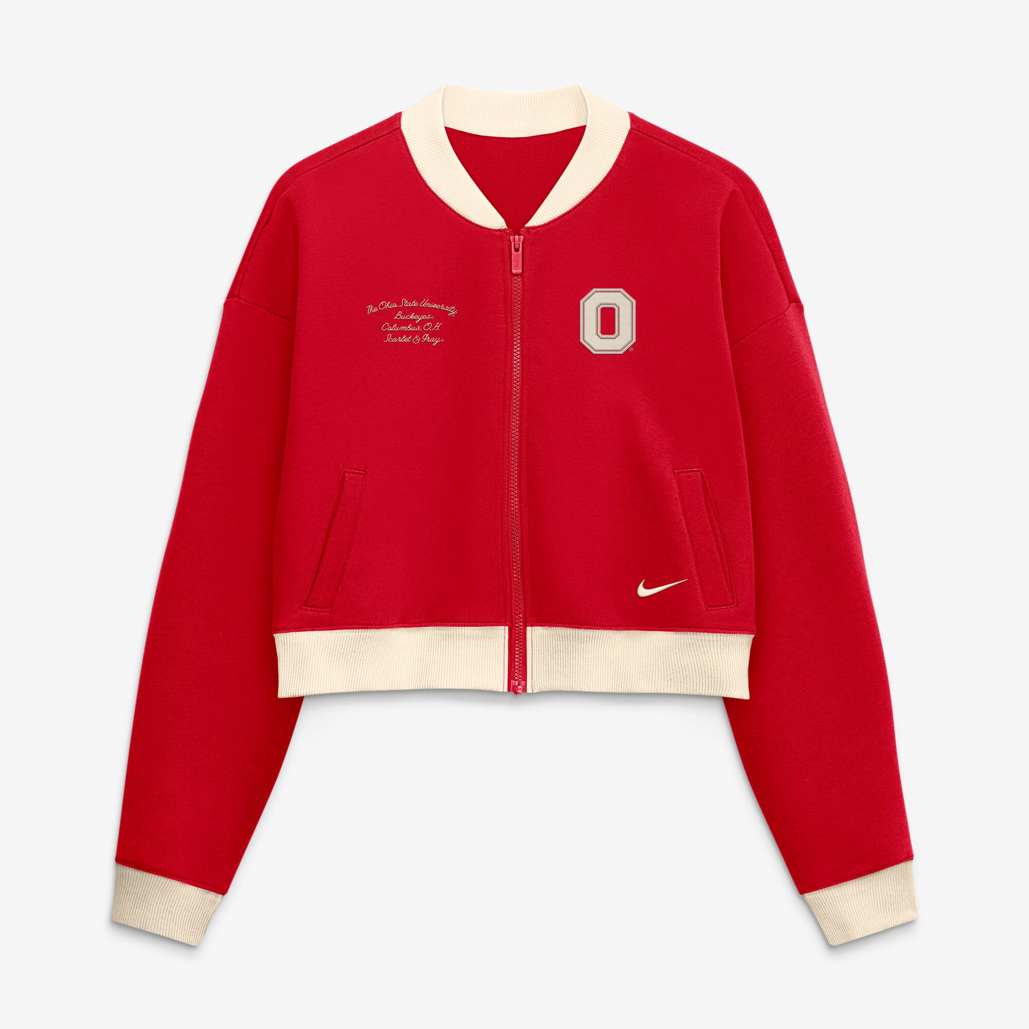 Women's Nike Scarlet Ohio State Buckeyes Oversized Academic Cropped Full-Zip Bomber Jacket