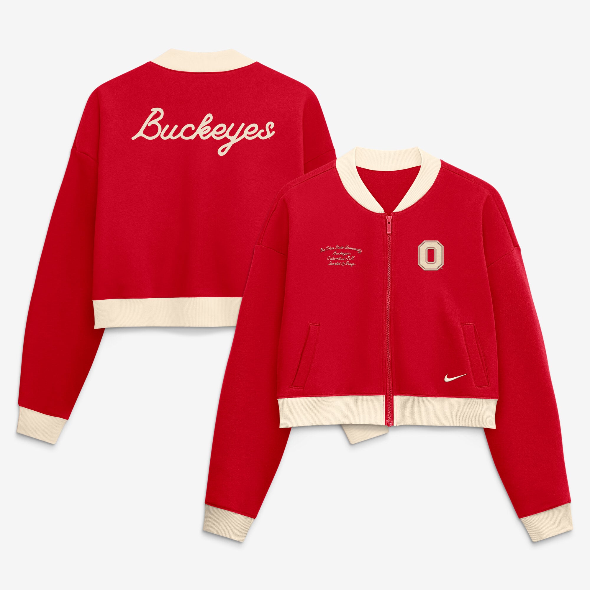 Veste bomber zippée courte et oversize Nike Scarlet Ohio State Buckeyes pour femme