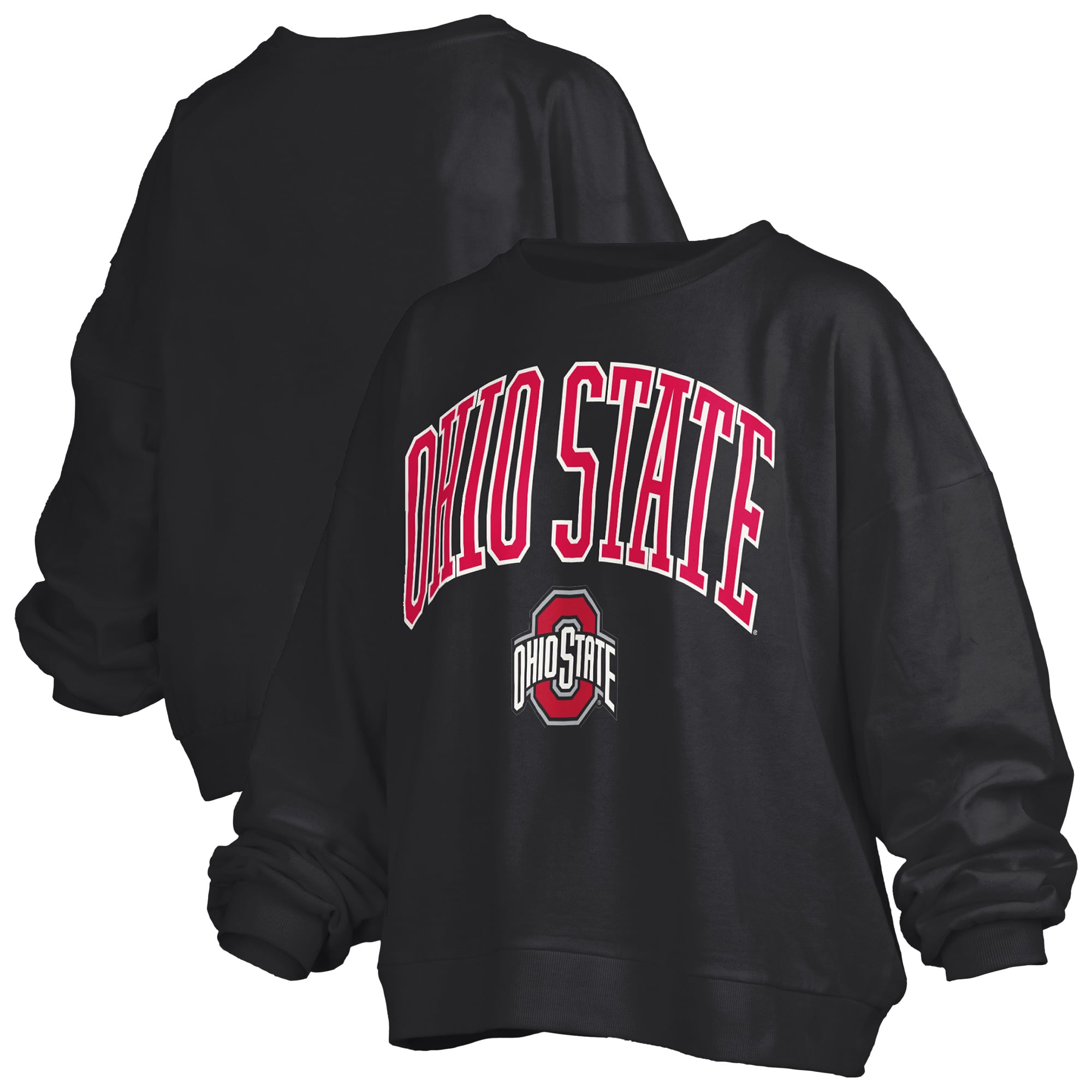 Sweat-shirt polaire oversize noir Pressbox pour femmes, motif logo Janise Arch Over des Ohio State Buckeyes.