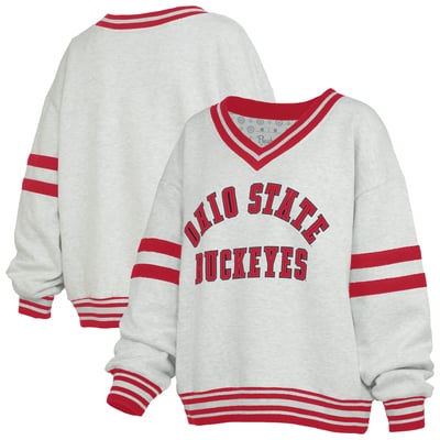 Ohio State Buckeyes Pressbox Women's Tackle Twill Oates V-Neck Sweatshirt - Gray/Scarlet