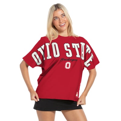  Ohio State Buckeyes Pressbox Women's Flannigan Oversized T-Shirt - Scarlet