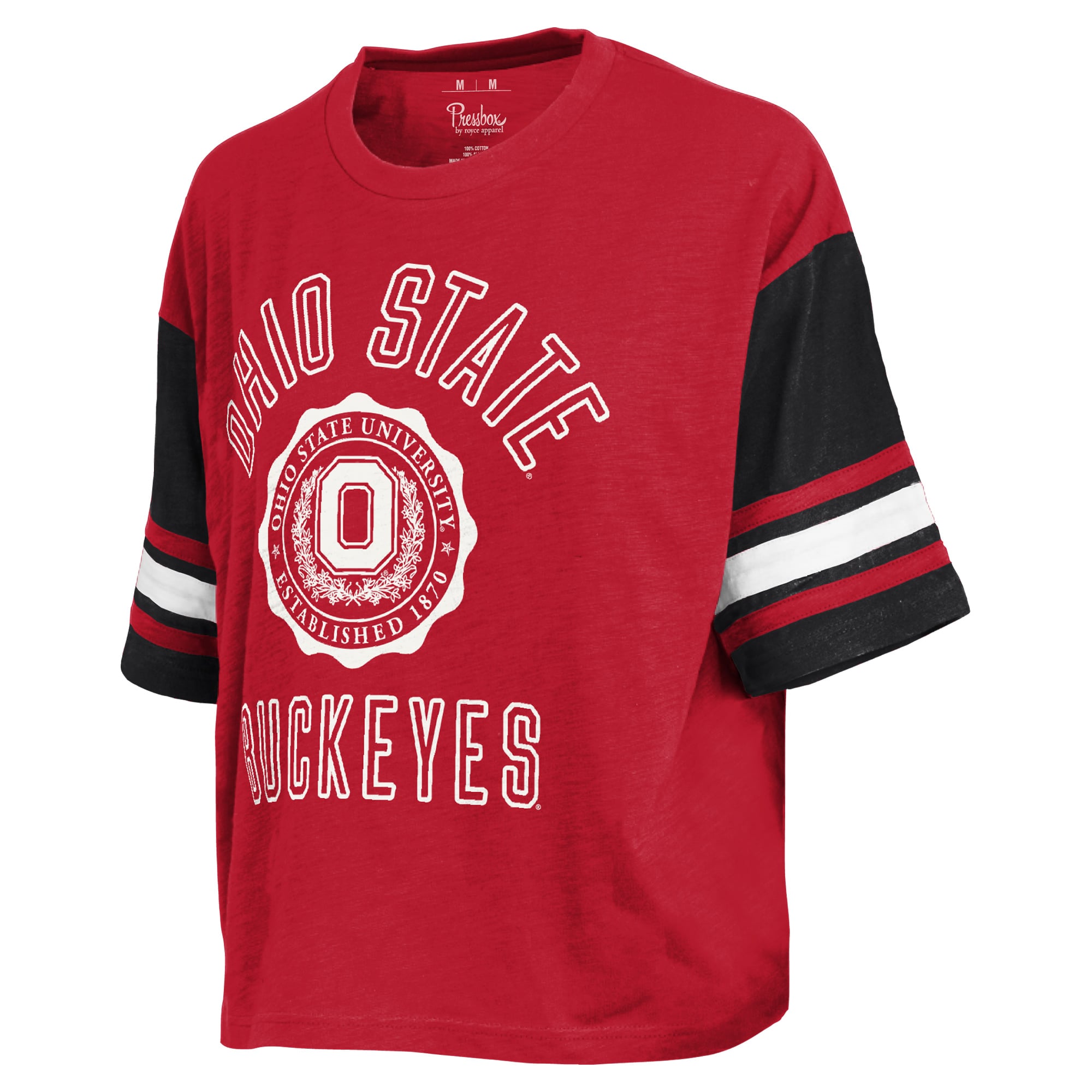 T-shirt à logo Pressbox Scarlet pour femmes, Ohio State Buckeyes, dimanche, colorblock.