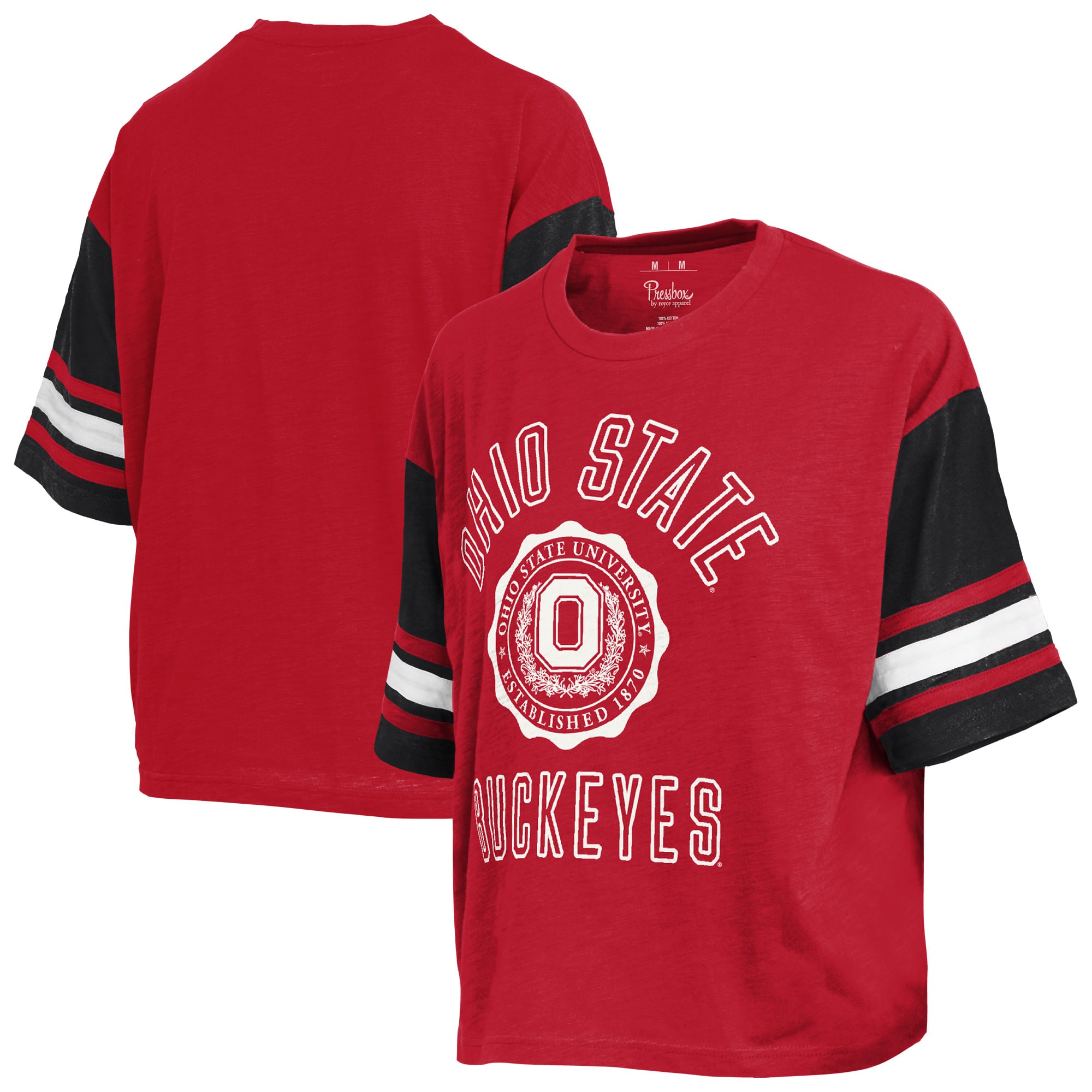 T-shirt à logo Pressbox Scarlet pour femmes, Ohio State Buckeyes, dimanche, colorblock.