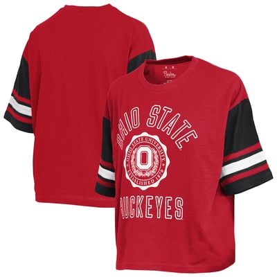  Ohio State Buckeyes Pressbox Women's Sunday Colorblock Seal T-Shirt - Scarlet