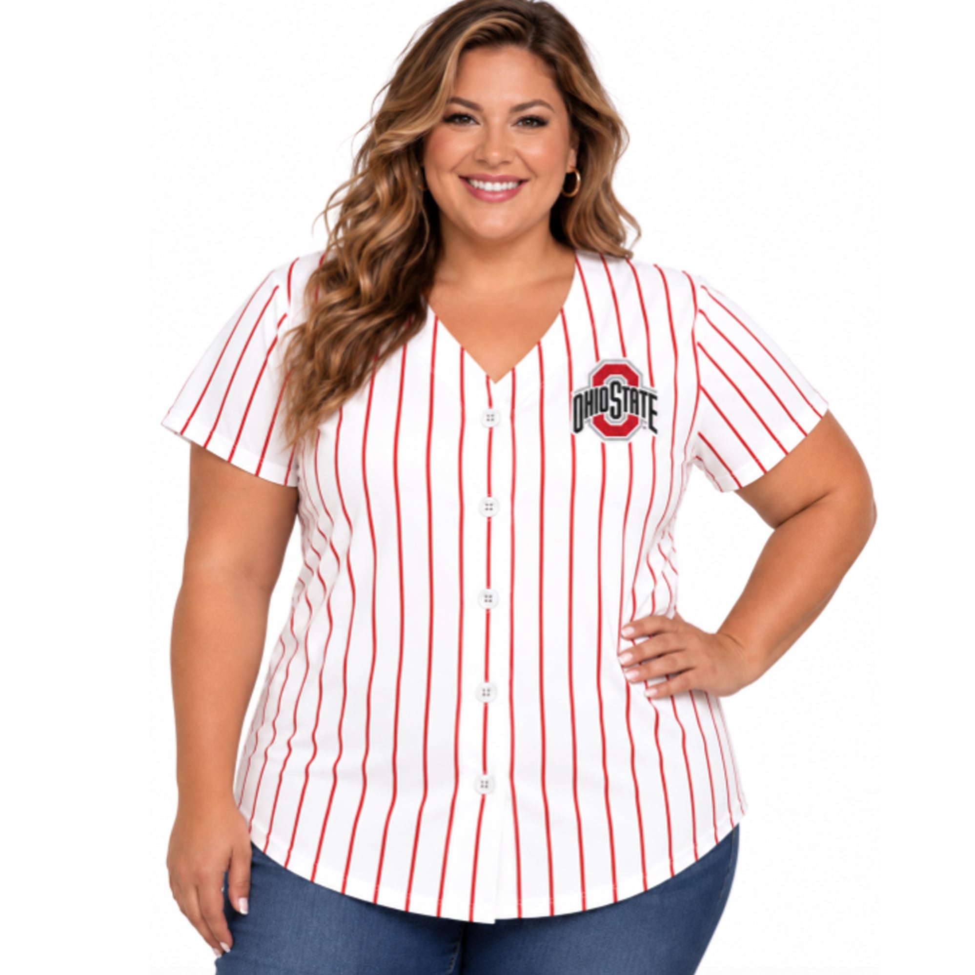 Women's Profile White/Scarlet Ohio State Buckeyes Plus Stripe Glitter Button-Up Fashion Jersey Top