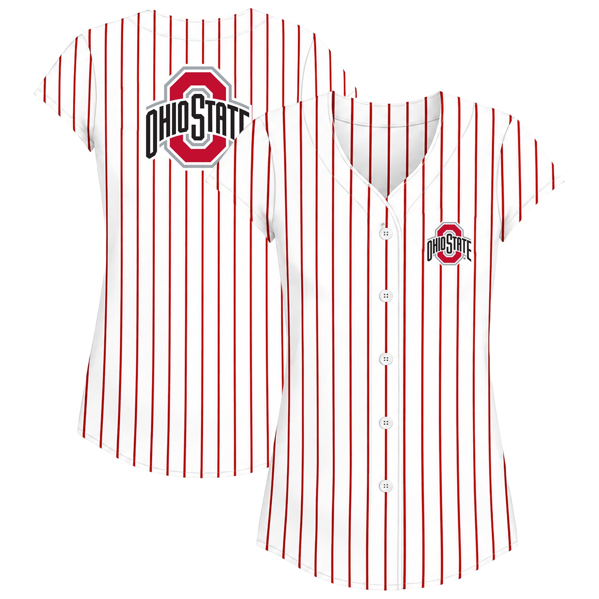 Women's Profile White/Scarlet Ohio State Buckeyes Plus Stripe Glitter Button-Up Fashion Jersey Top