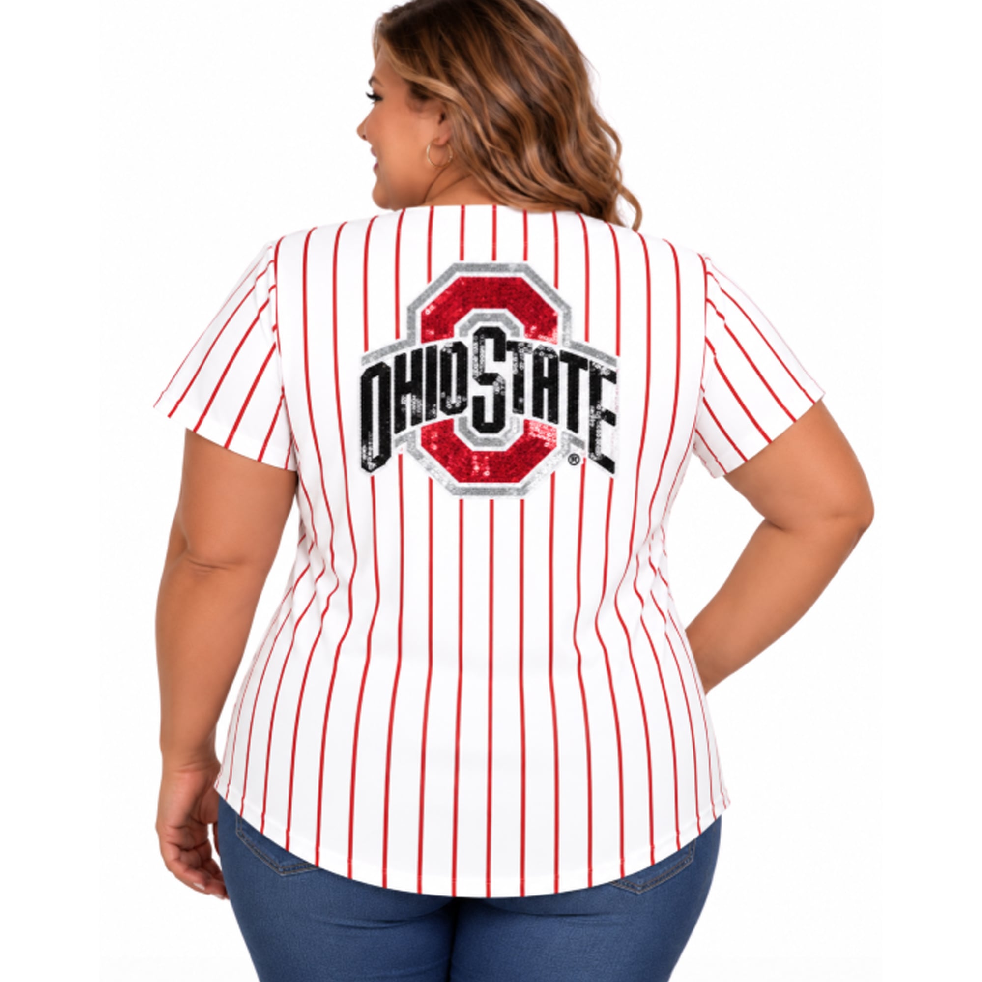 Women's Profile White/Scarlet Ohio State Buckeyes Plus Stripe Glitter Button-Up Fashion Jersey Top