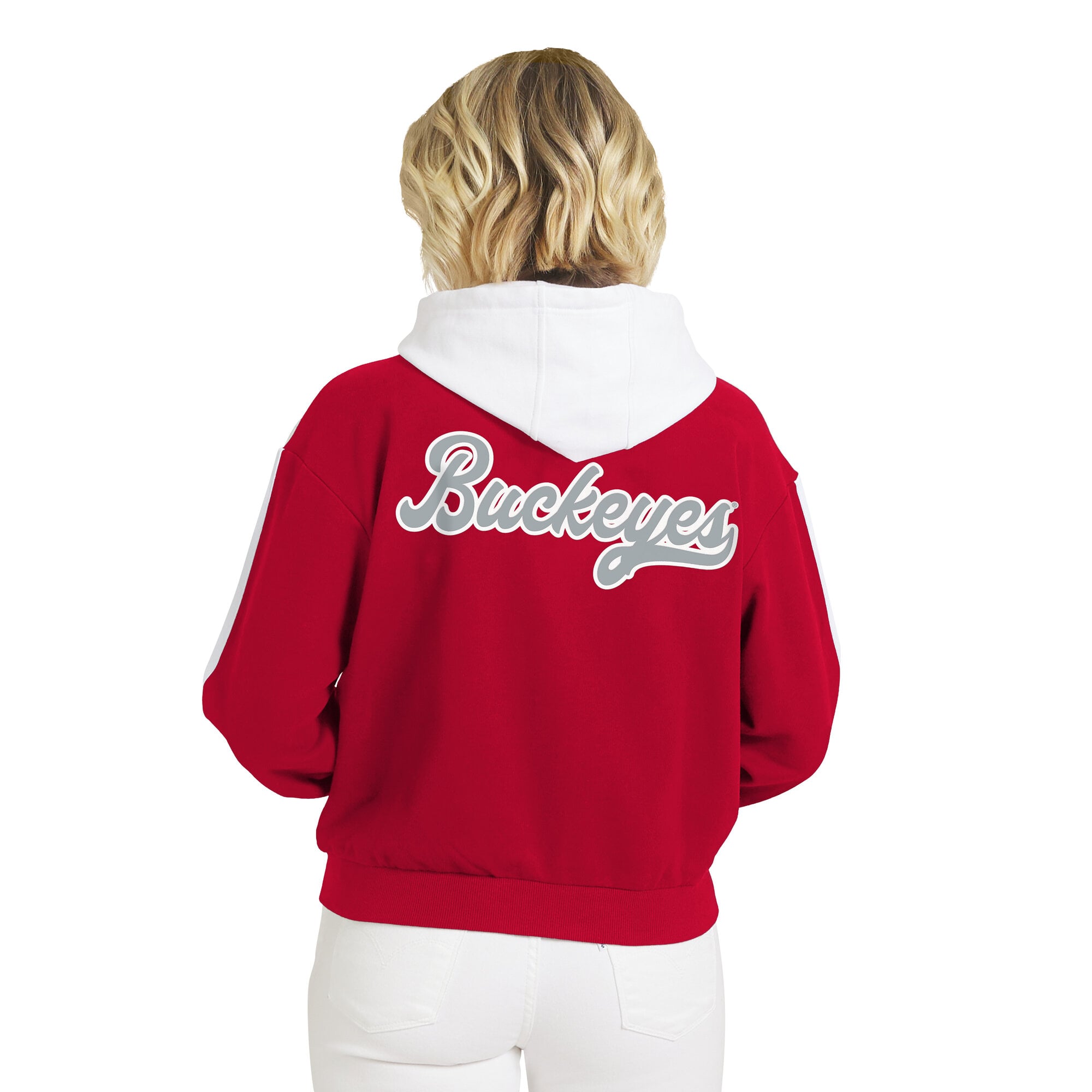 Sweat à capuche zippé pour femme WEAR by Erin Andrews Scarlet Ohio State Buckeyes rayures colorblock sur les manches