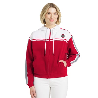  Ohio State Buckeyes WEAR by Erin Andrews Women's Colorblock Sleeve Stripe Full-Zip Hoodie - Scarlet