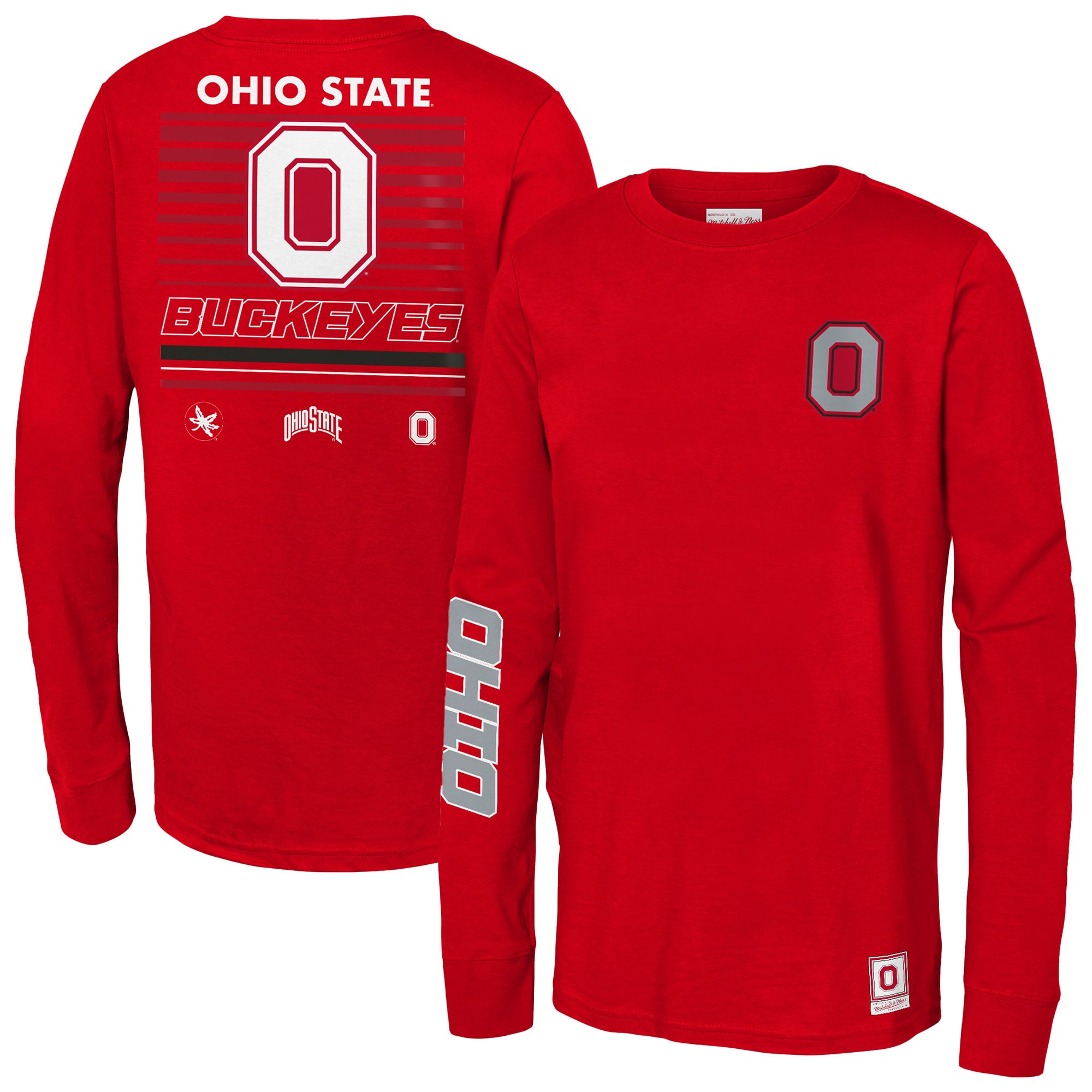 T-shirt à manches longues Mitchell & Ness Scarlet Ohio State Buckeyes Triple Play pour enfant