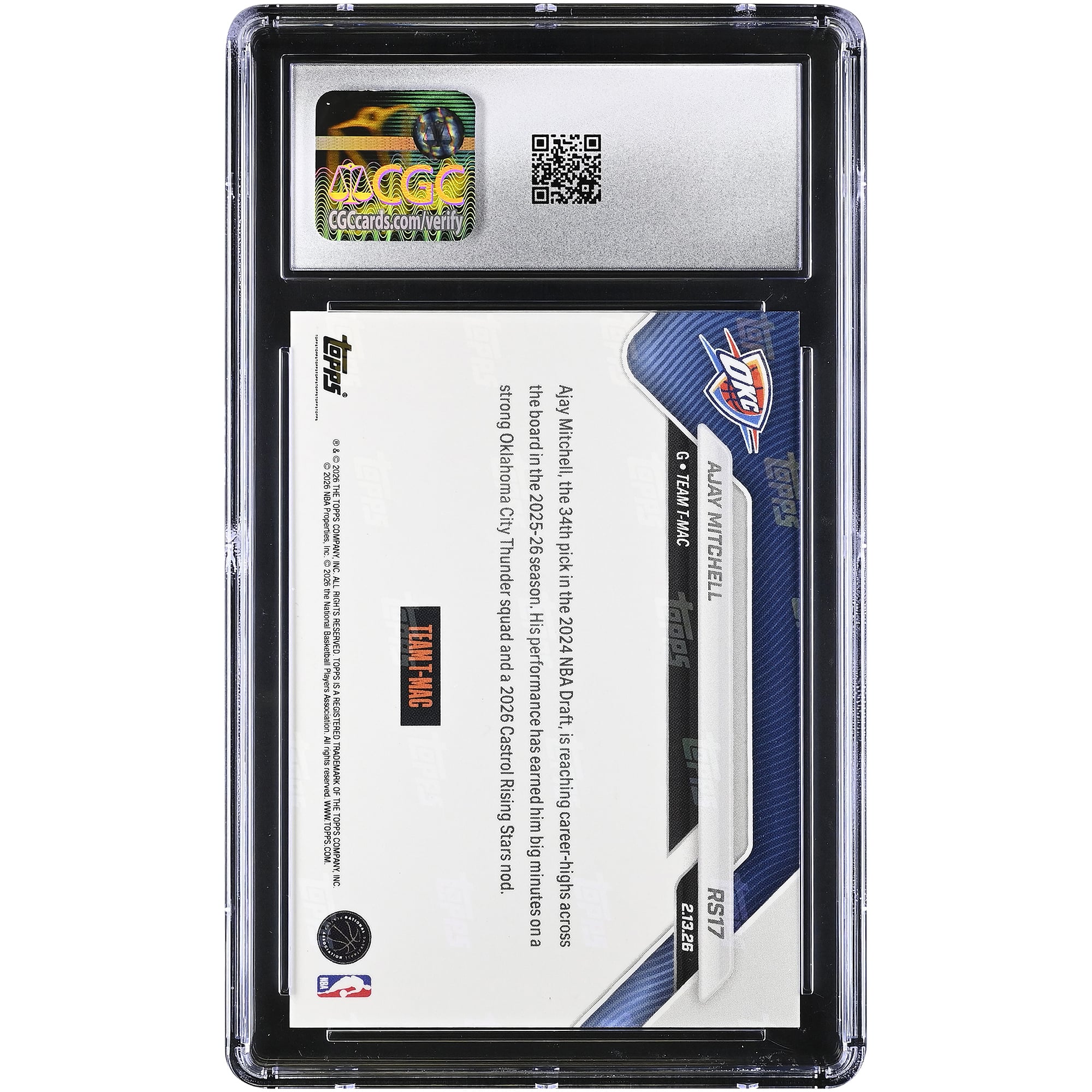 Carte Ajay Mitchell Oklahoma City Thunder 2025-26 Topps Now Rising Stars Foil #RS17 authentifiée CGC (n° 10)