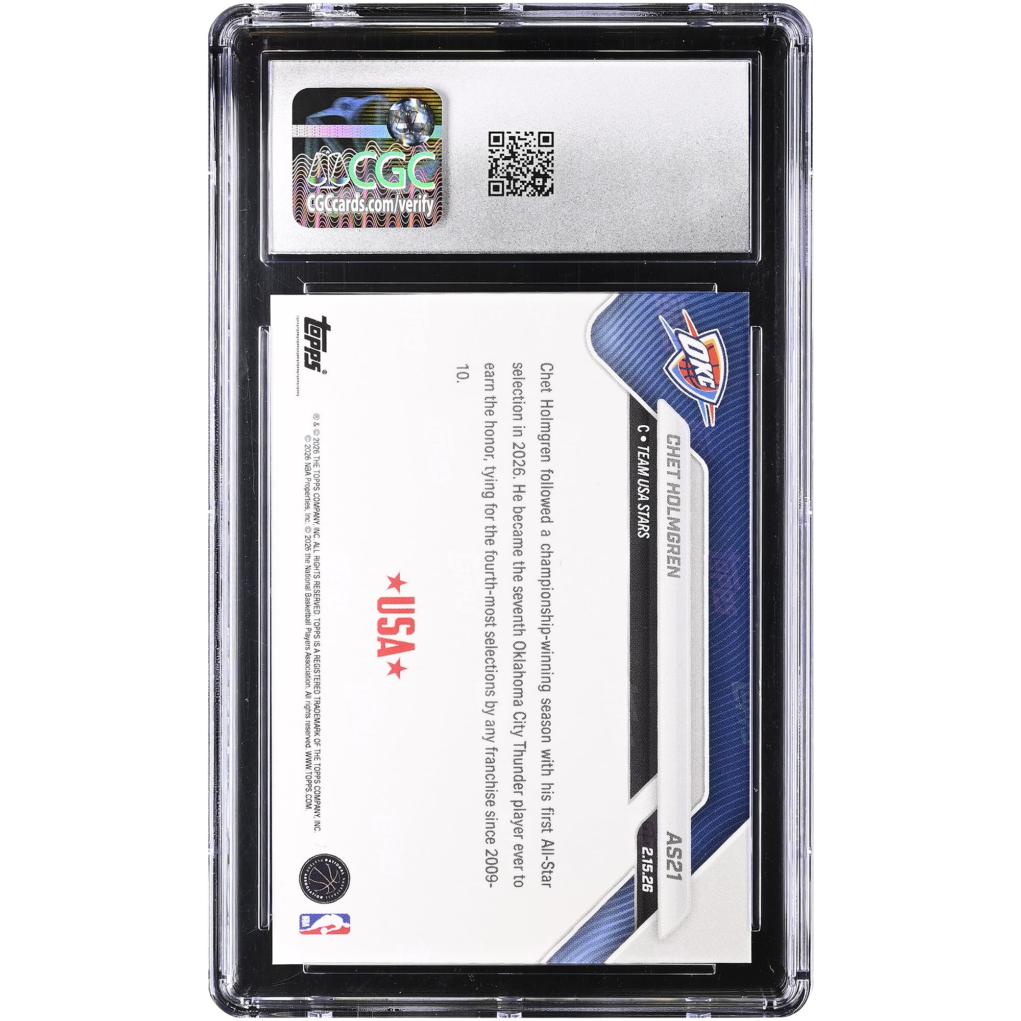 Carte Chet Holmgren Oklahoma City Thunder 2025-26 Topps Now All-Star Foil #AS21 authentifiée CGC (n° 10)