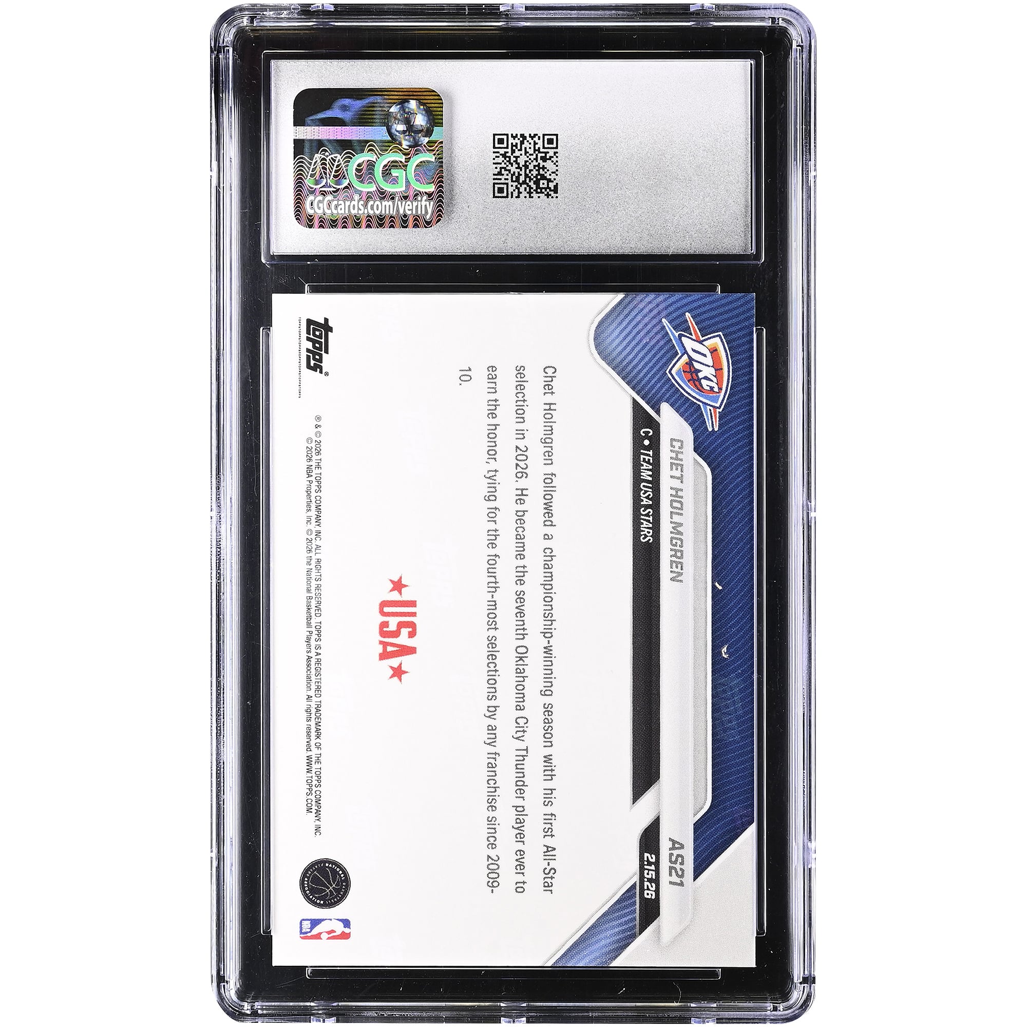 Carte Chet Holmgren Oklahoma City Thunder 2025-26 Topps Now All-Star Game Gold Foil #AS21 #/50 Authentifiée CGC 9.5