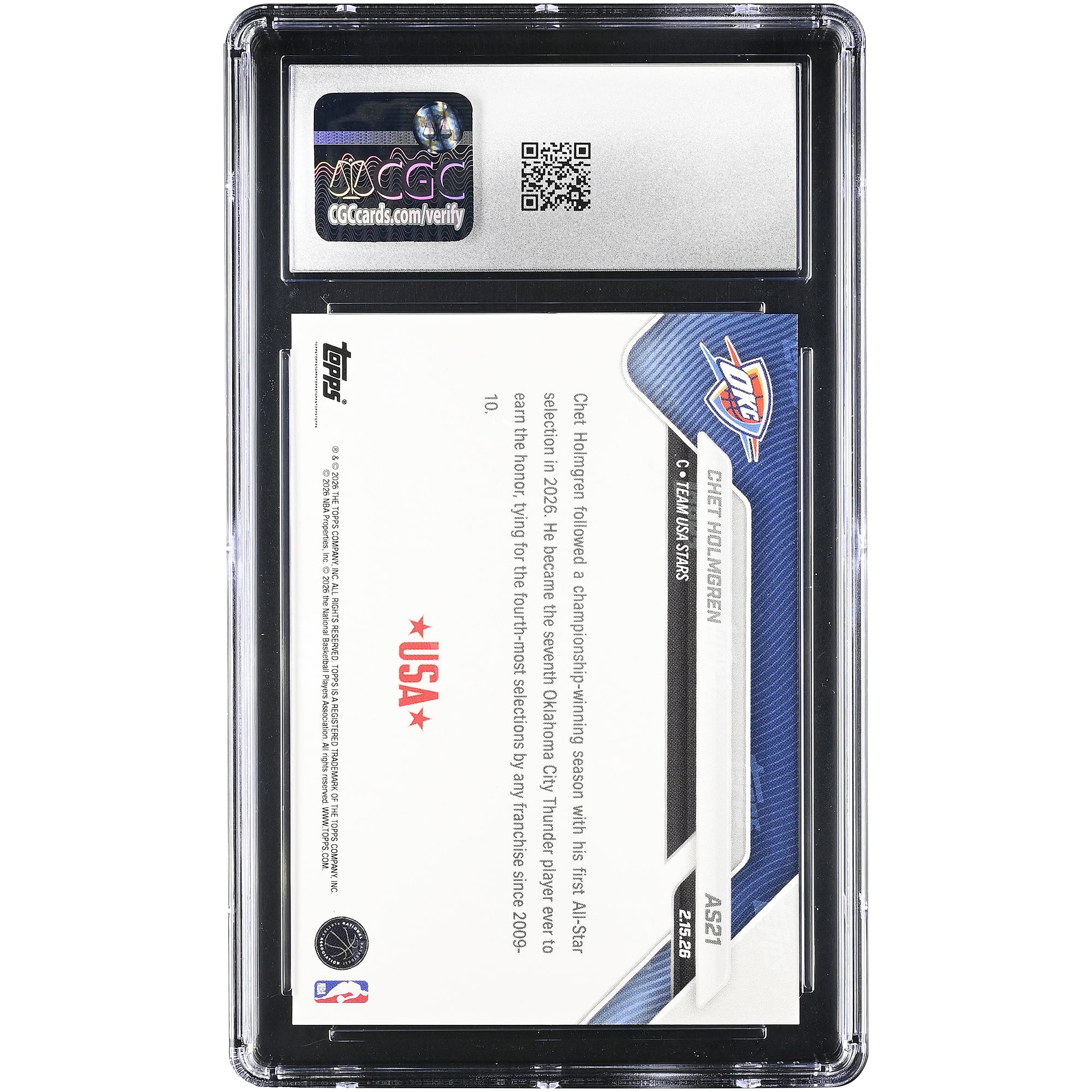 Carte authentifiée CGC n° 10 de Chet Holmgren, Oklahoma City Thunder, saison 2025-26, Topps Now All-Star Game, n° AS21