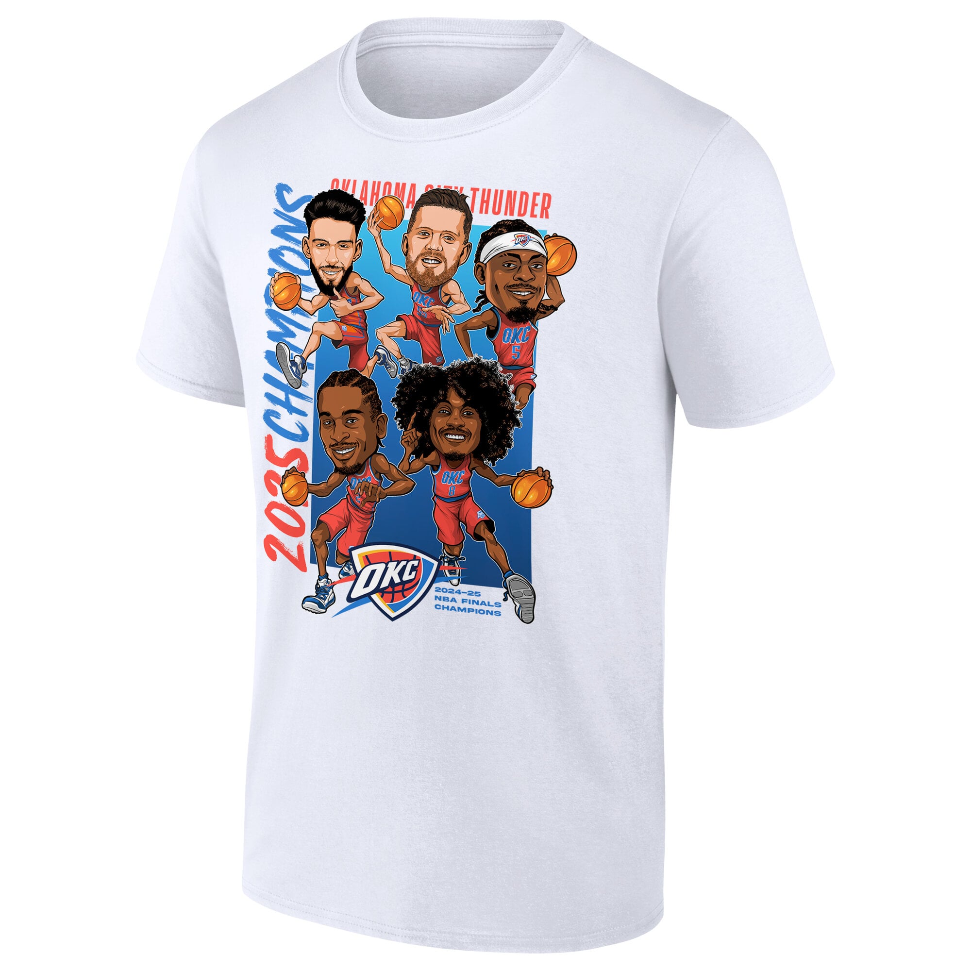 Men's Fanatics White Oklahoma City Thunder 2025 NBA Finals Champions Caricature Full Court T-Shirt