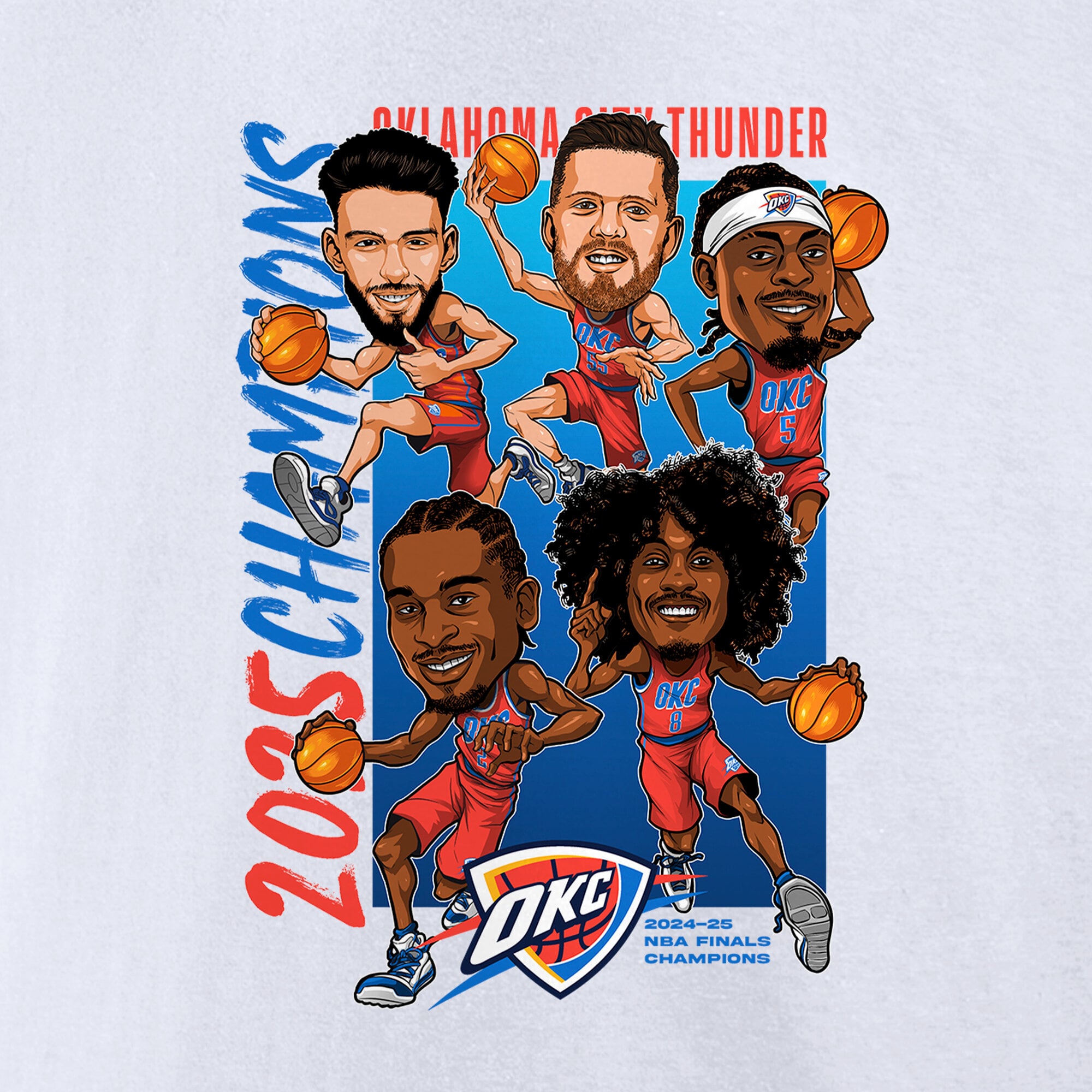 Men's Fanatics White Oklahoma City Thunder 2025 NBA Finals Champions Caricature Full Court T-Shirt