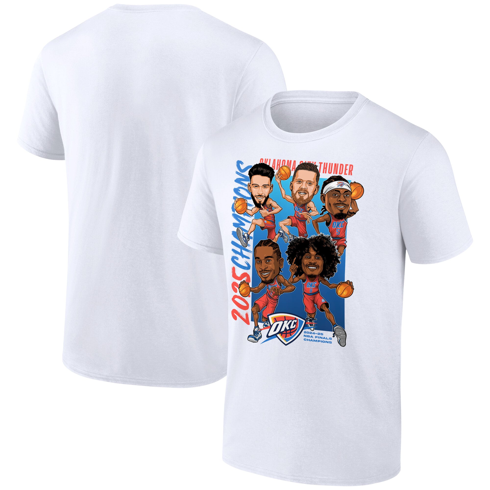 Men's Fanatics  White Oklahoma City Thunder 2025 NBA Finals Champions Caricature Full Court T-Shirt