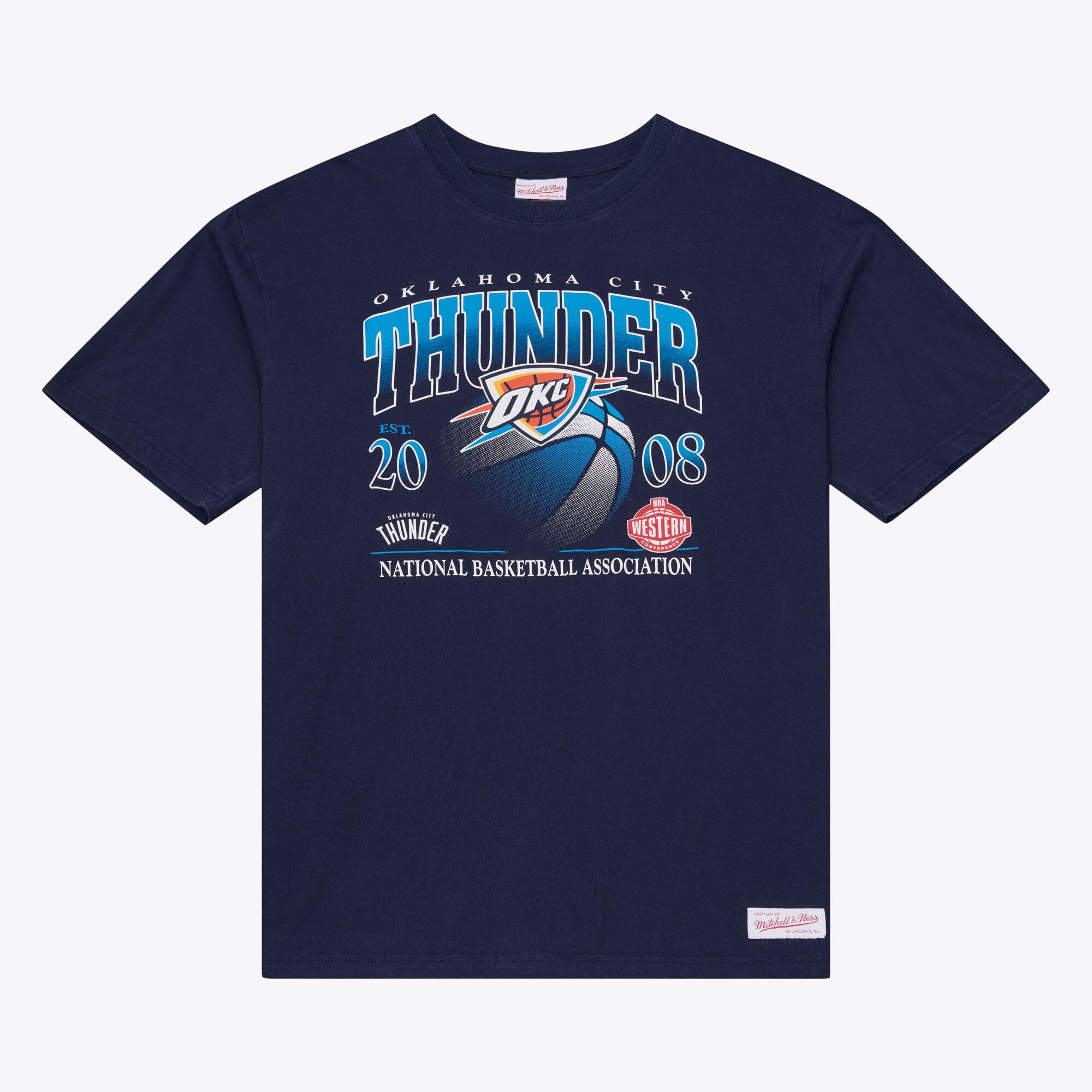 T-shirt graphique Mitchell & Ness bleu marine pour homme, motif Oklahoma City Thunder.