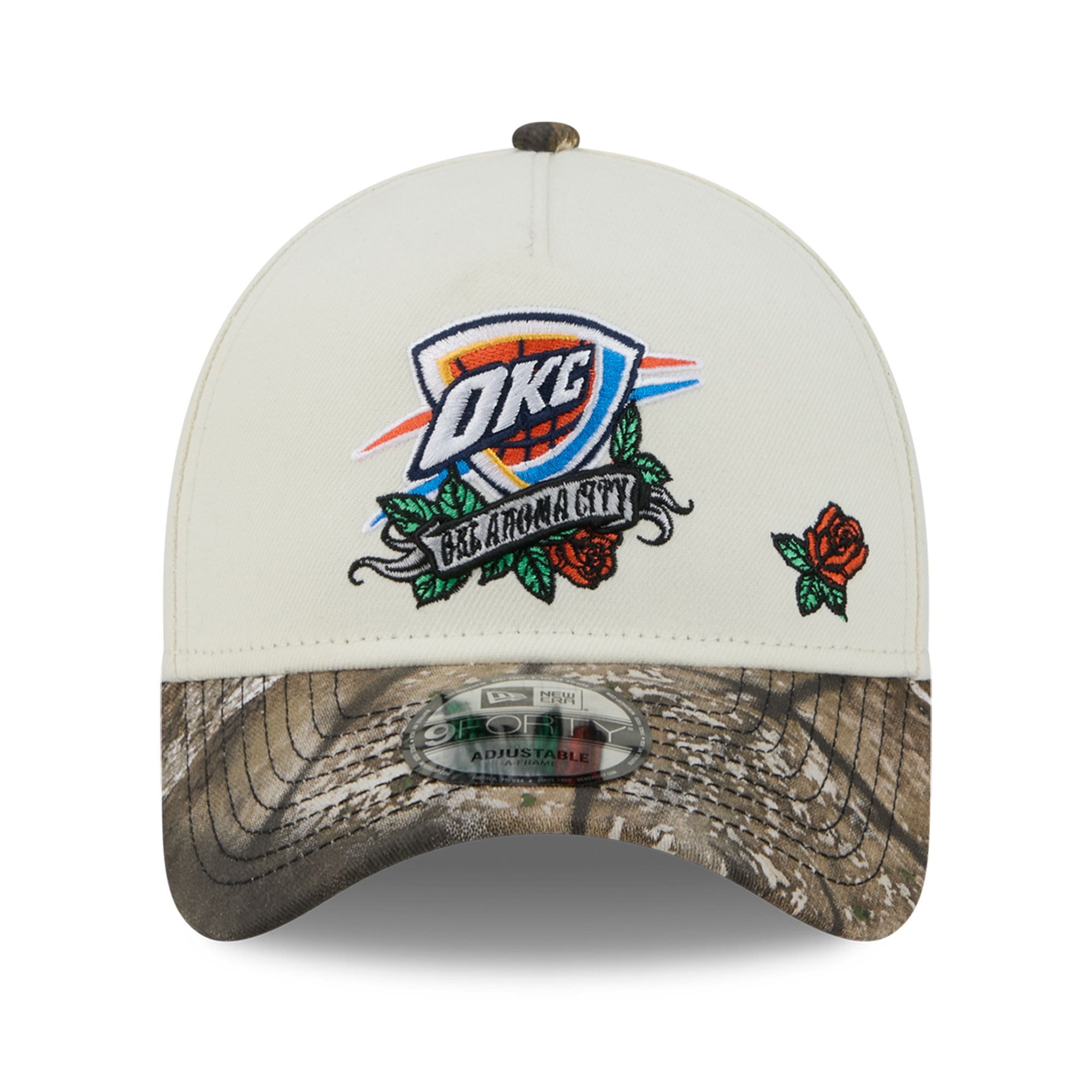 Casquette ajustable New Era 9FORTY A-Frame crème/camouflage Oklahoma City Thunder Rose Banner pour homme