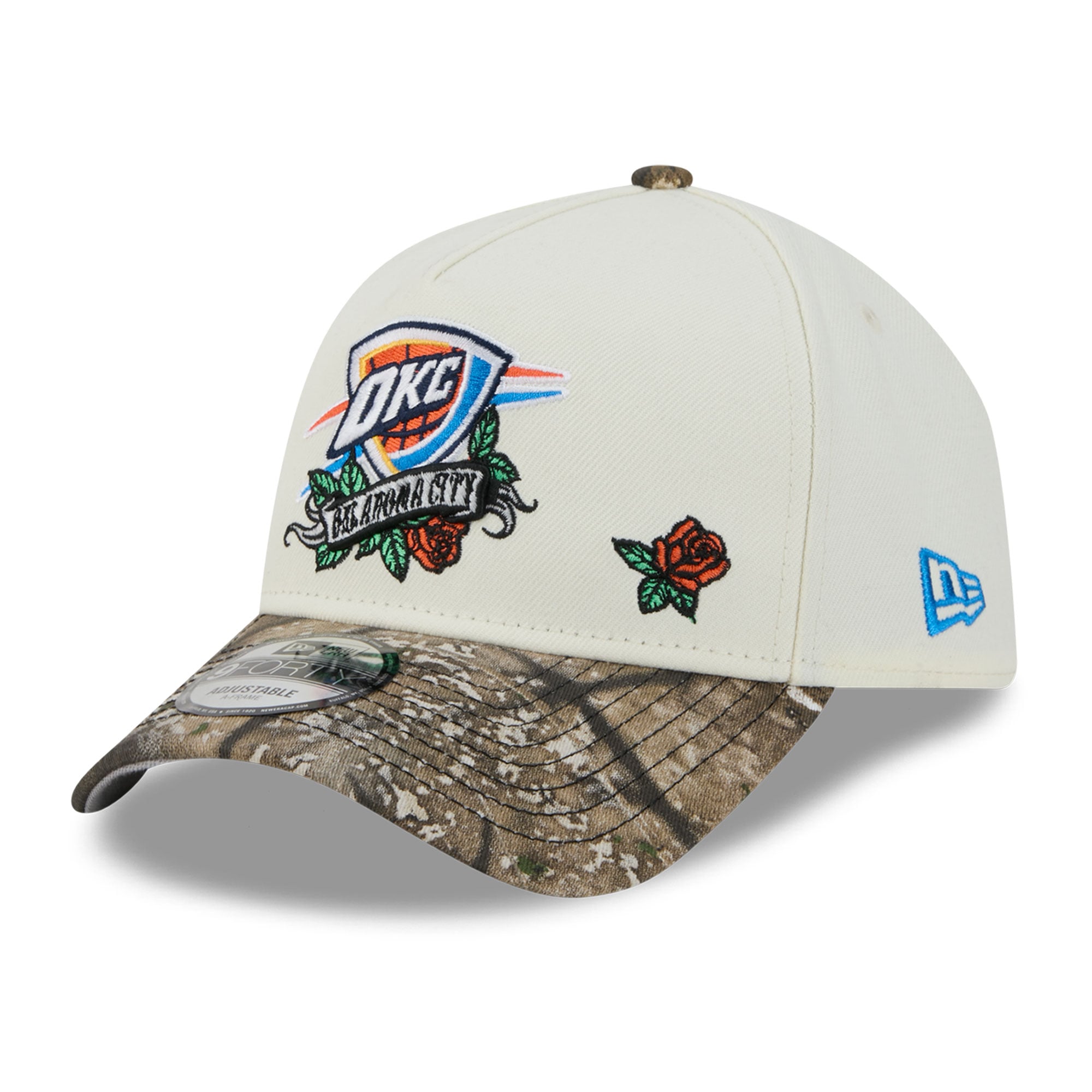 Casquette ajustable New Era 9FORTY A-Frame crème/camouflage Oklahoma City Thunder Rose Banner pour homme