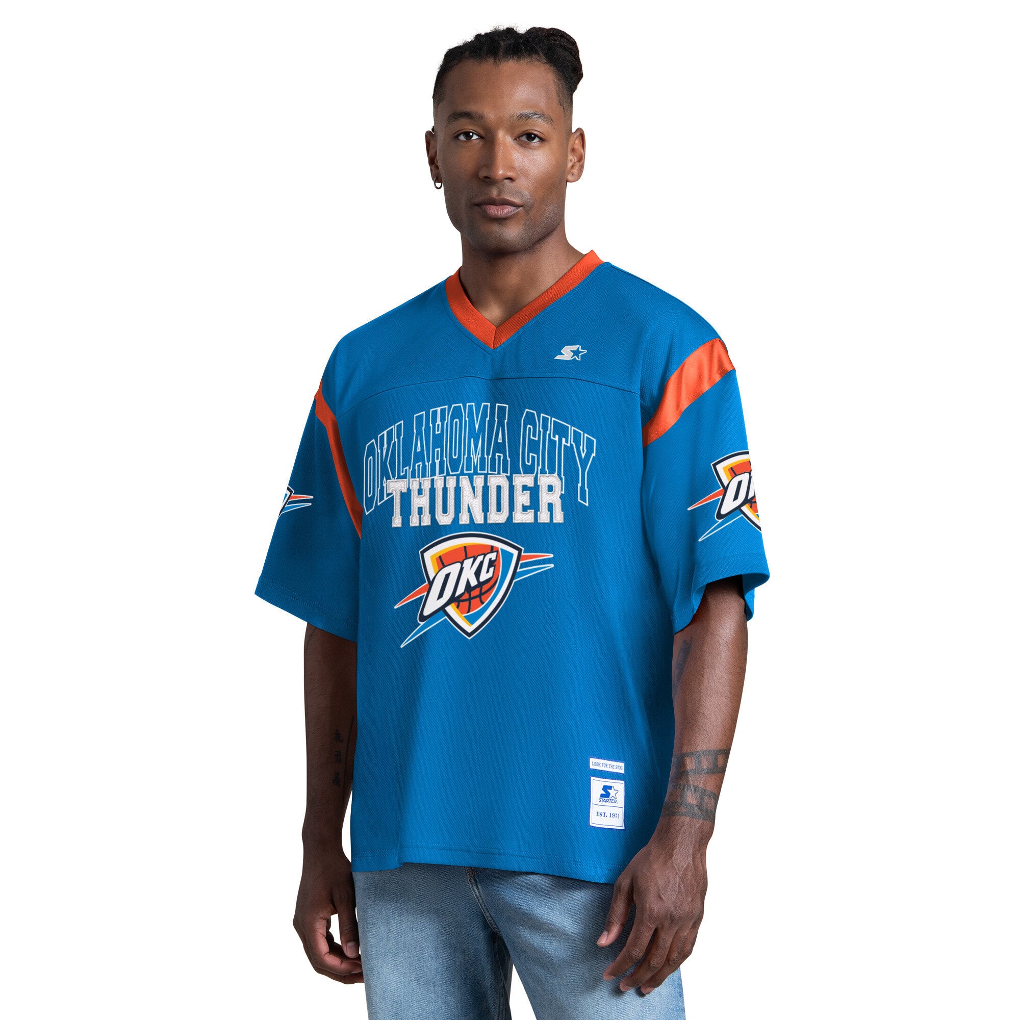 T-shirt à col en V Starter Blue pour homme, Oklahoma City Thunder, jour de match