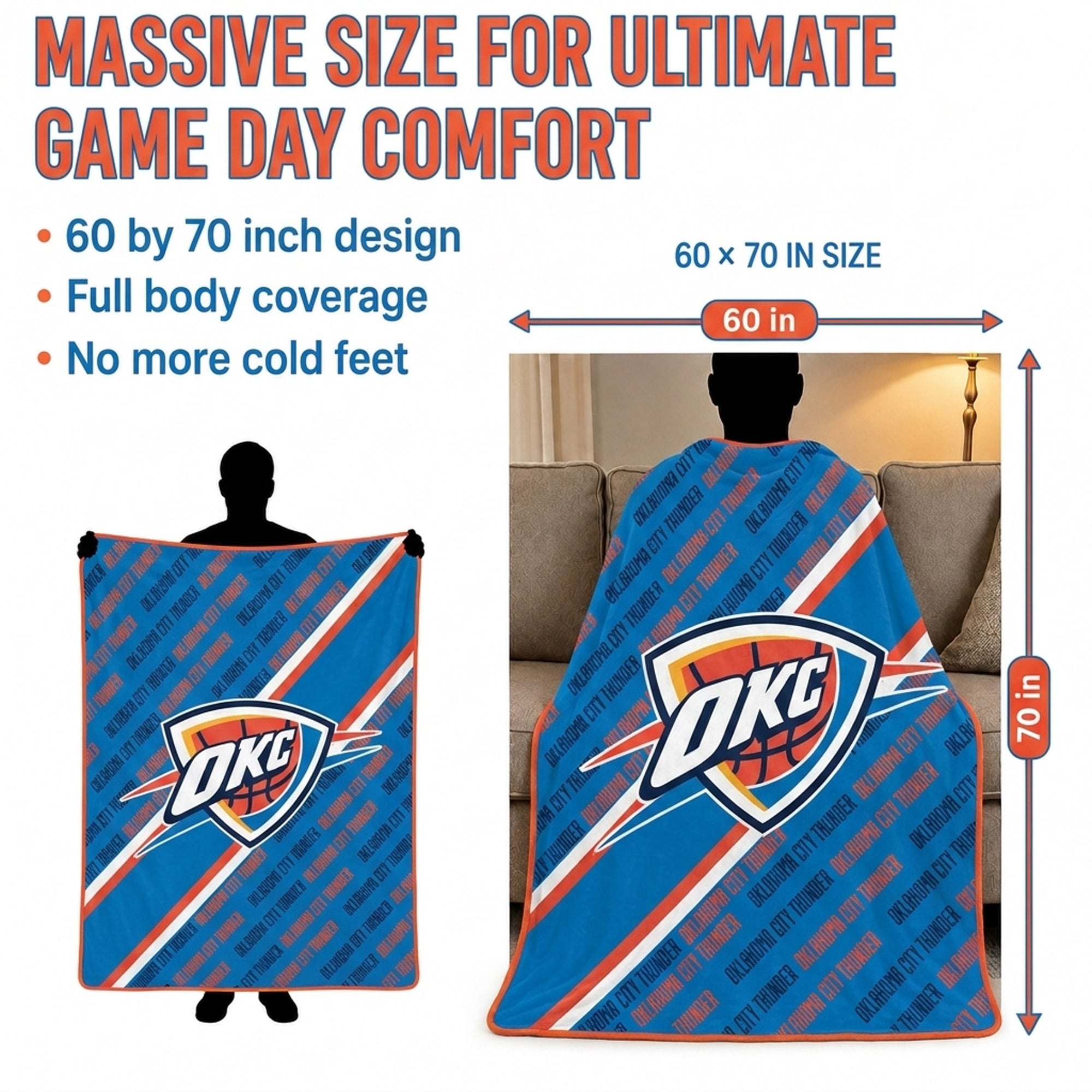 Couverture ultra douce Pegasus Oklahoma City Thunder, 152 x 178 cm (diagonale), doublée et ornée du logo.