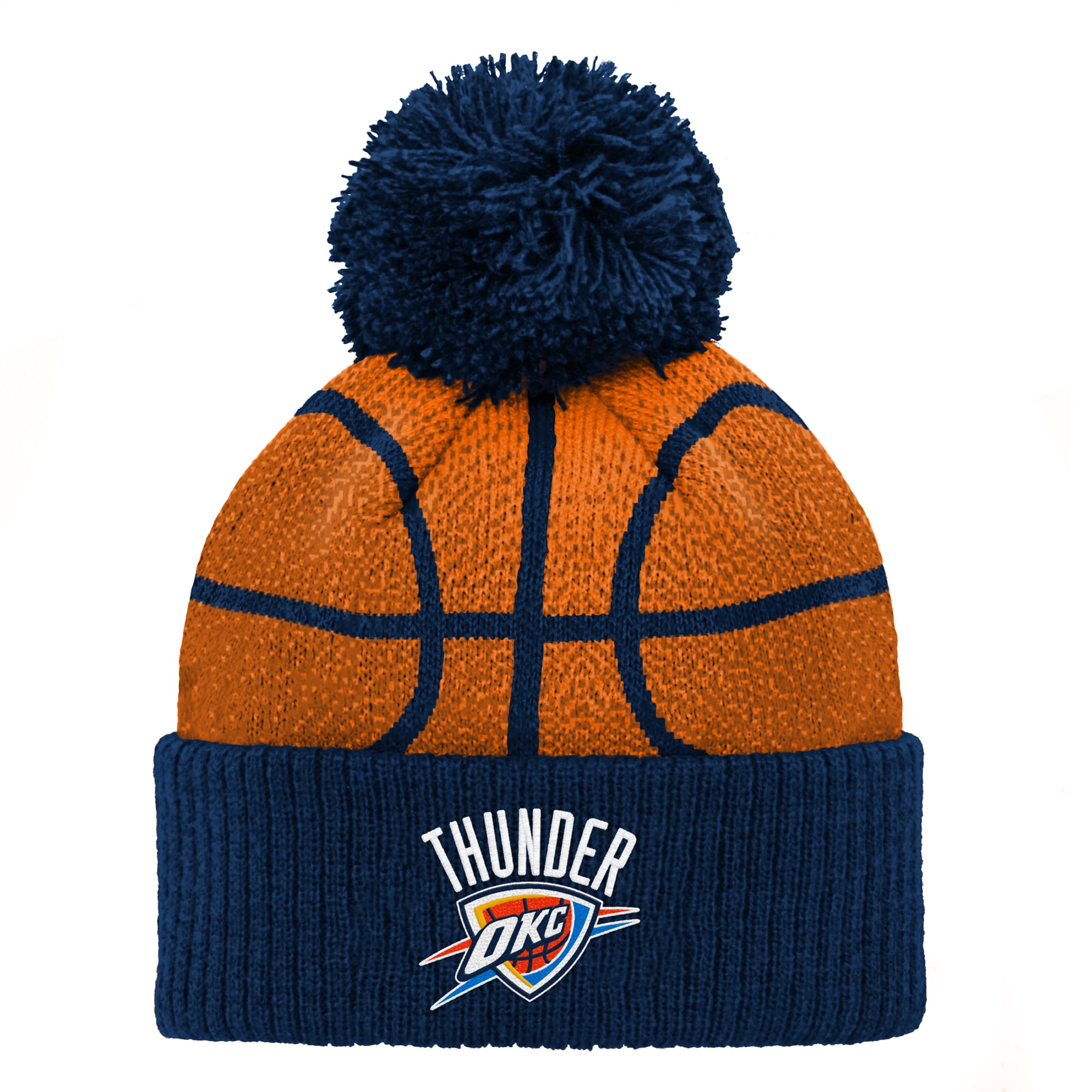 Bonnet tricoté à revers avec pompon, motif tête de basketteur des Oklahoma City Thunder, bleu marine, pour enfants d'âge préscolaire