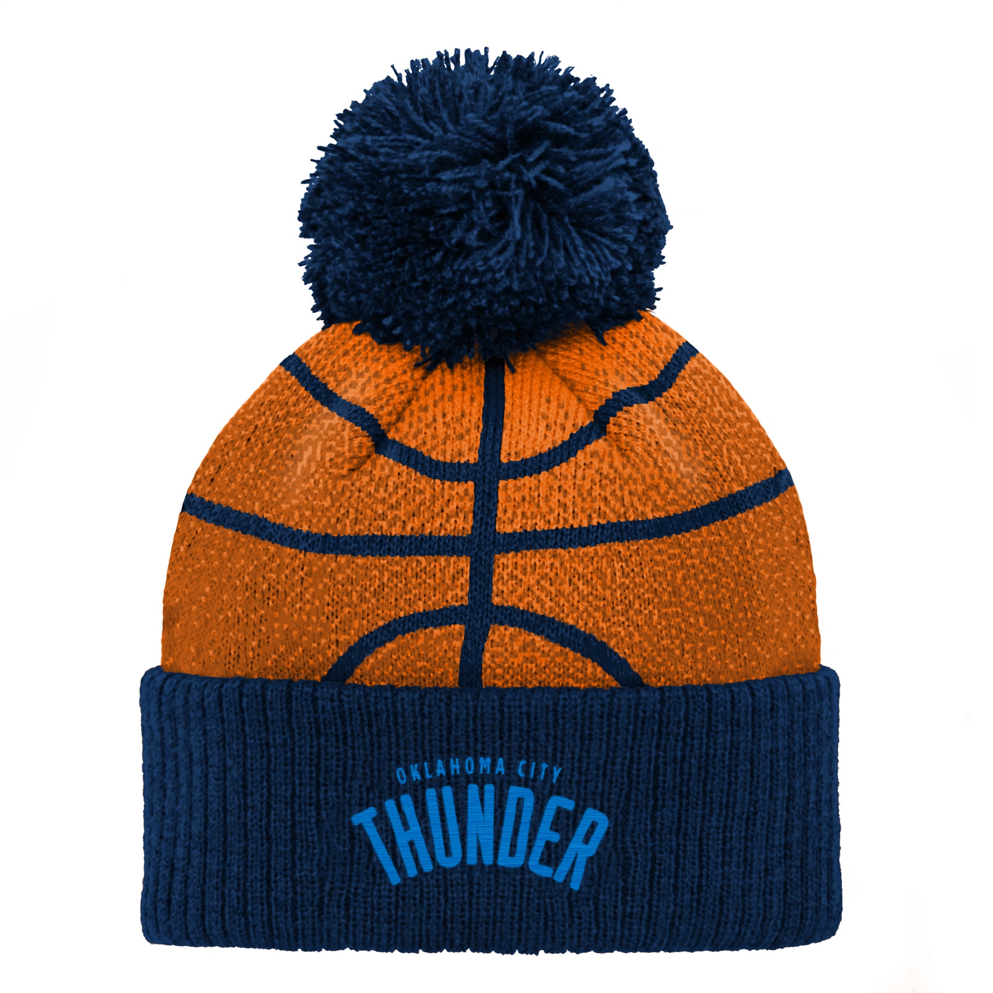 Bonnet tricoté à revers avec pompon, motif tête de basketteur des Oklahoma City Thunder, bleu marine, pour enfants d'âge préscolaire
