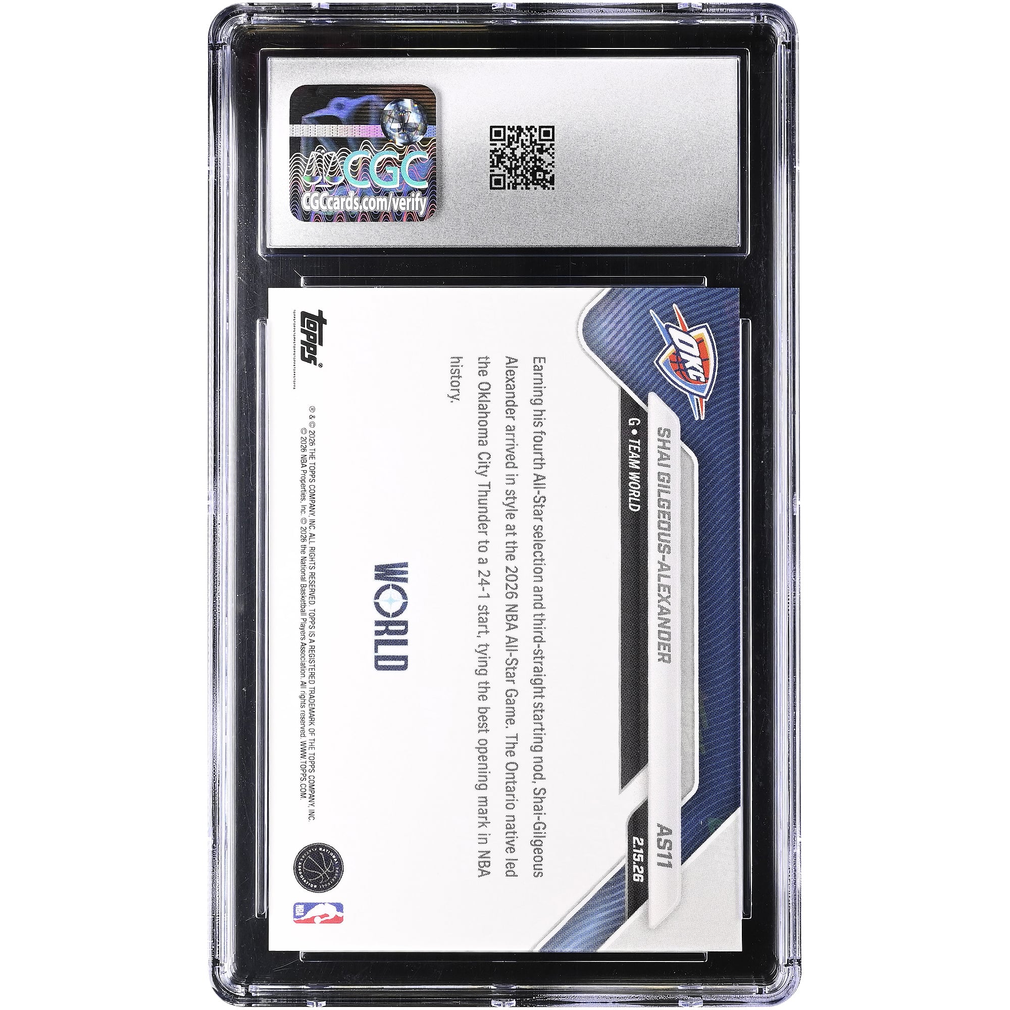 Carte Shai Gilgeous-Alexander Oklahoma City Thunder 2025-26 Topps Now All-Star Game #AS11 authentifiée CGC 9.5