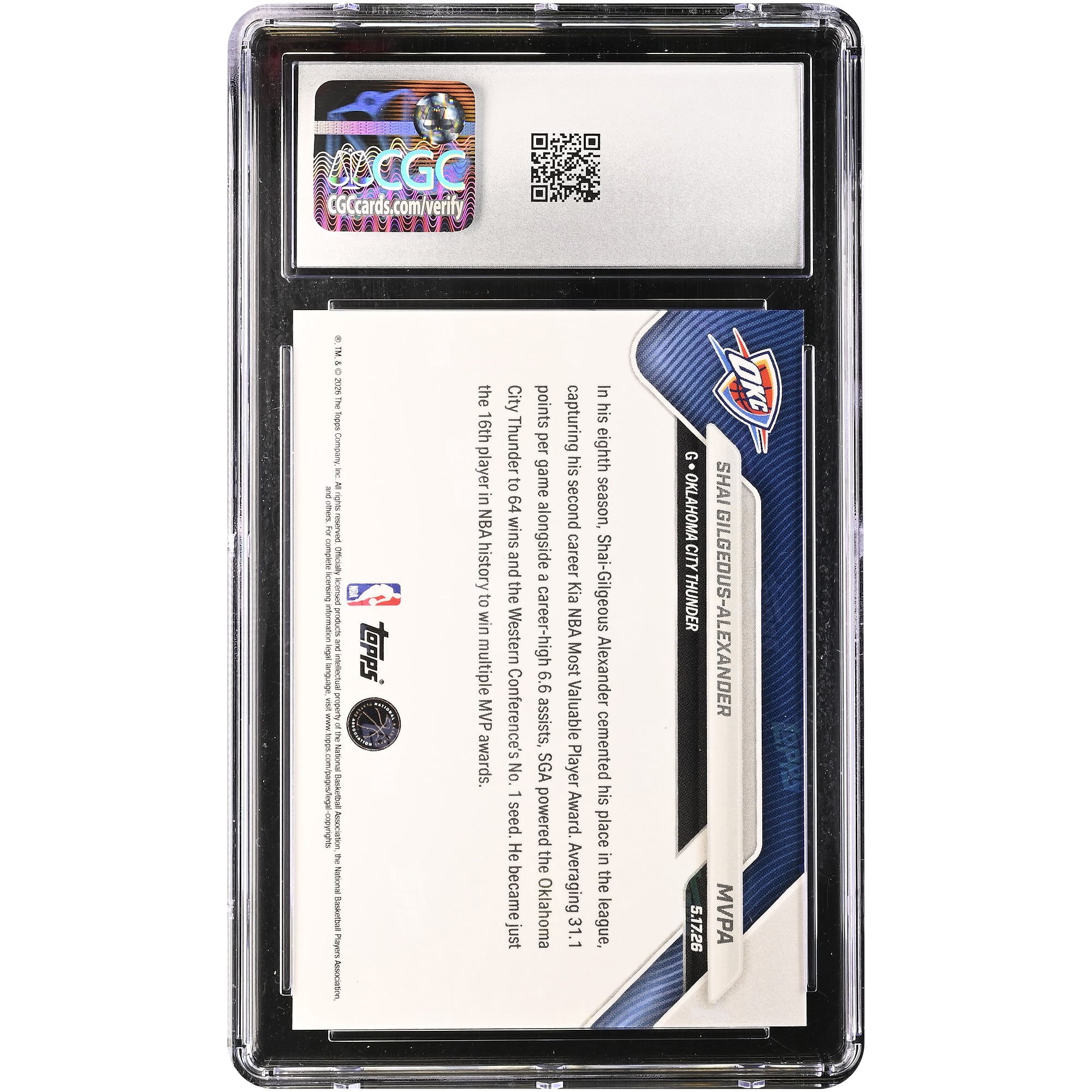 Carte Shai Gilgeous-Alexander Oklahoma City Thunder 2025-26 Topps Now Most Valuable Player #MVPA authentifiée CGC GEM MINT 10