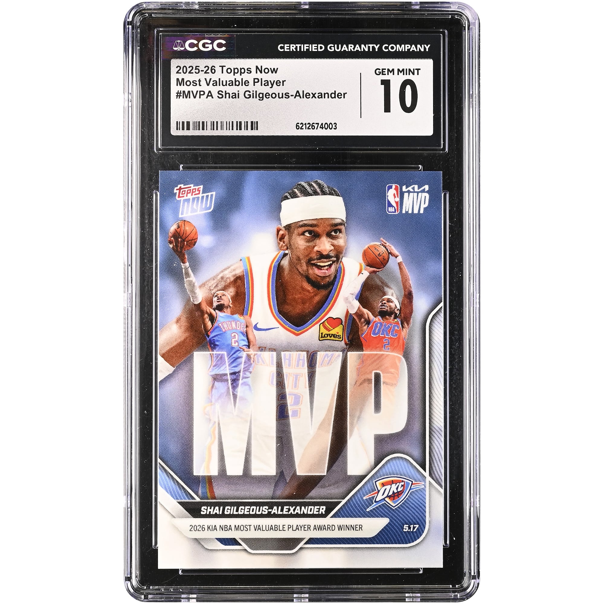 Carte Shai Gilgeous-Alexander Oklahoma City Thunder 2025-26 Topps Now Most Valuable Player #MVPA authentifiée CGC GEM MINT 10