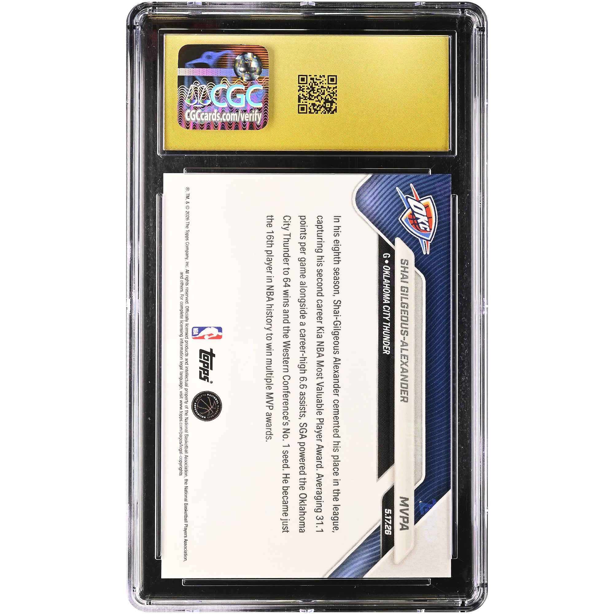 Carte Shai Gilgeous-Alexander Oklahoma City Thunder 2025-26 Topps Now Most Valuable Player #MVPA authentifiée CGC, état PRISTINE 10