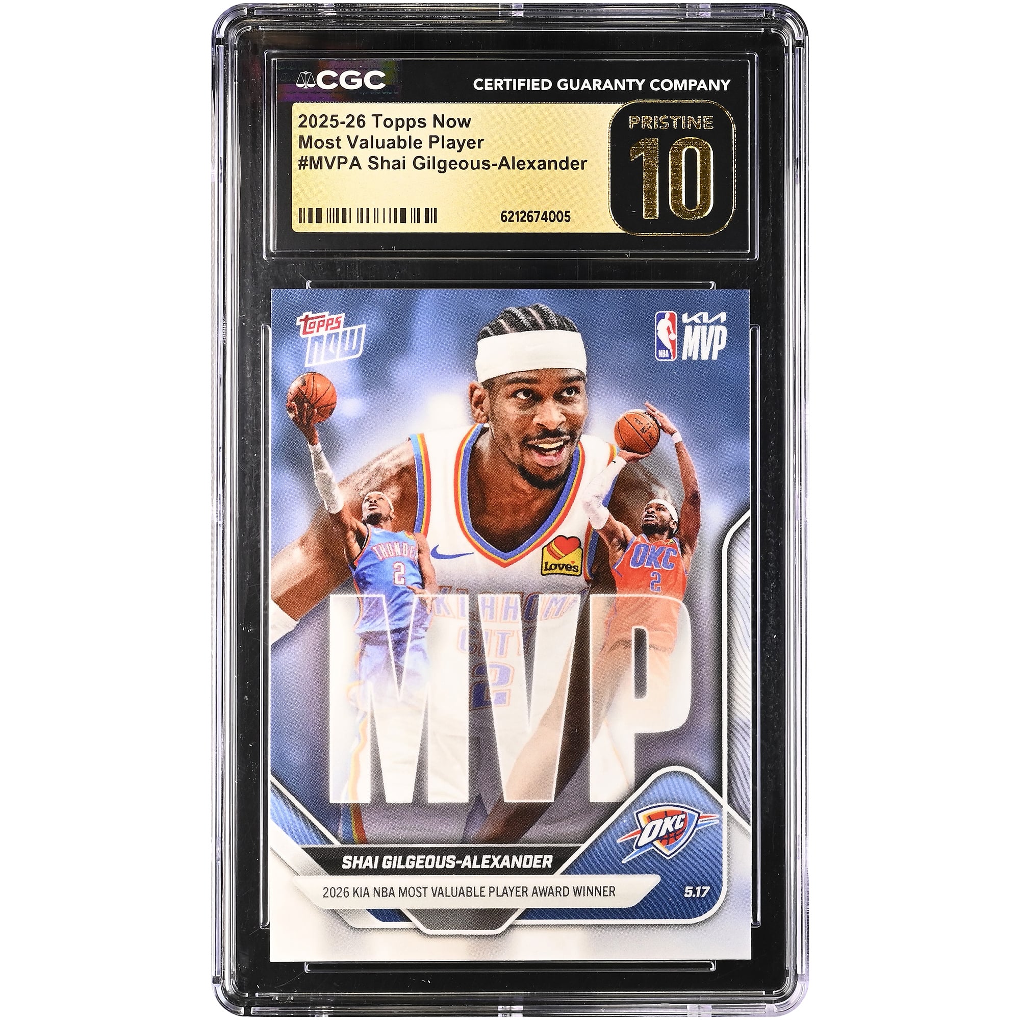 Carte Shai Gilgeous-Alexander Oklahoma City Thunder 2025-26 Topps Now Most Valuable Player #MVPA authentifiée CGC, état PRISTINE 10