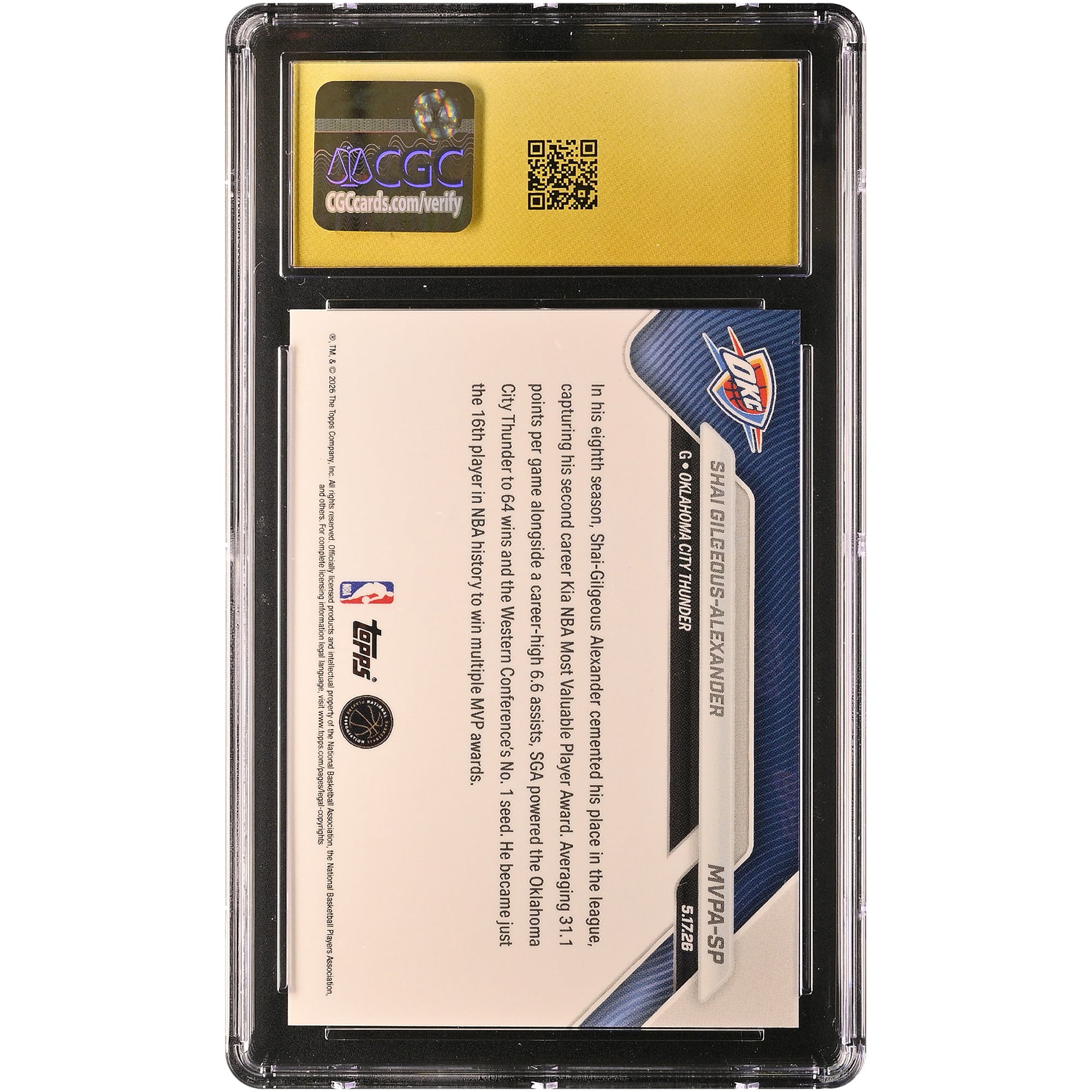 Carte Shai Gilgeous-Alexander Oklahoma City Thunder 2025-26 Topps Now Most Valuable Player Short Prints #MVPA-SP Authentifiée CGC PRISTINE 10