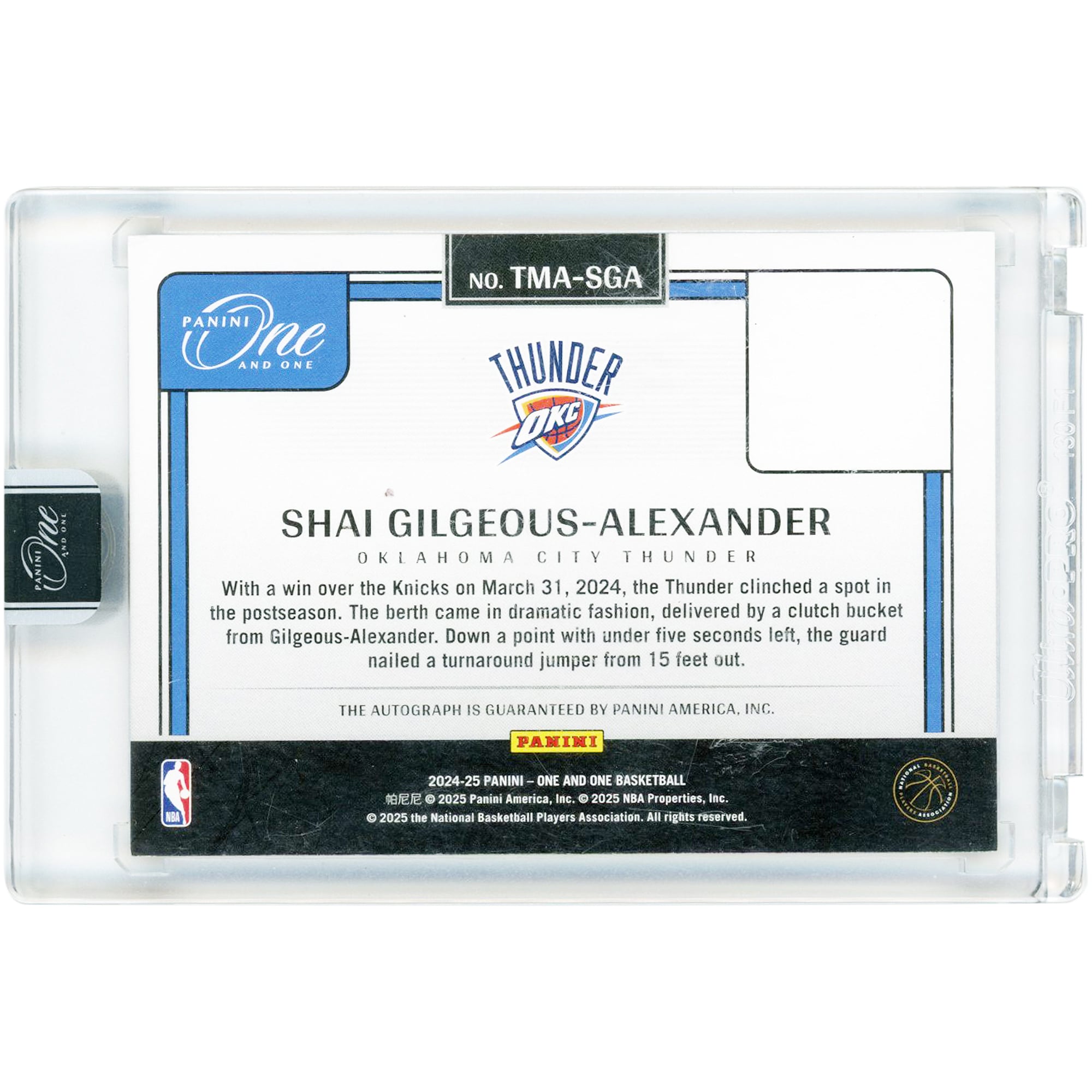 Carte autographiée Shai Gilgeous-Alexander Oklahoma City Thunder 2024-25 Panini One & One Timeless Moments #TMA-SGA #30/49