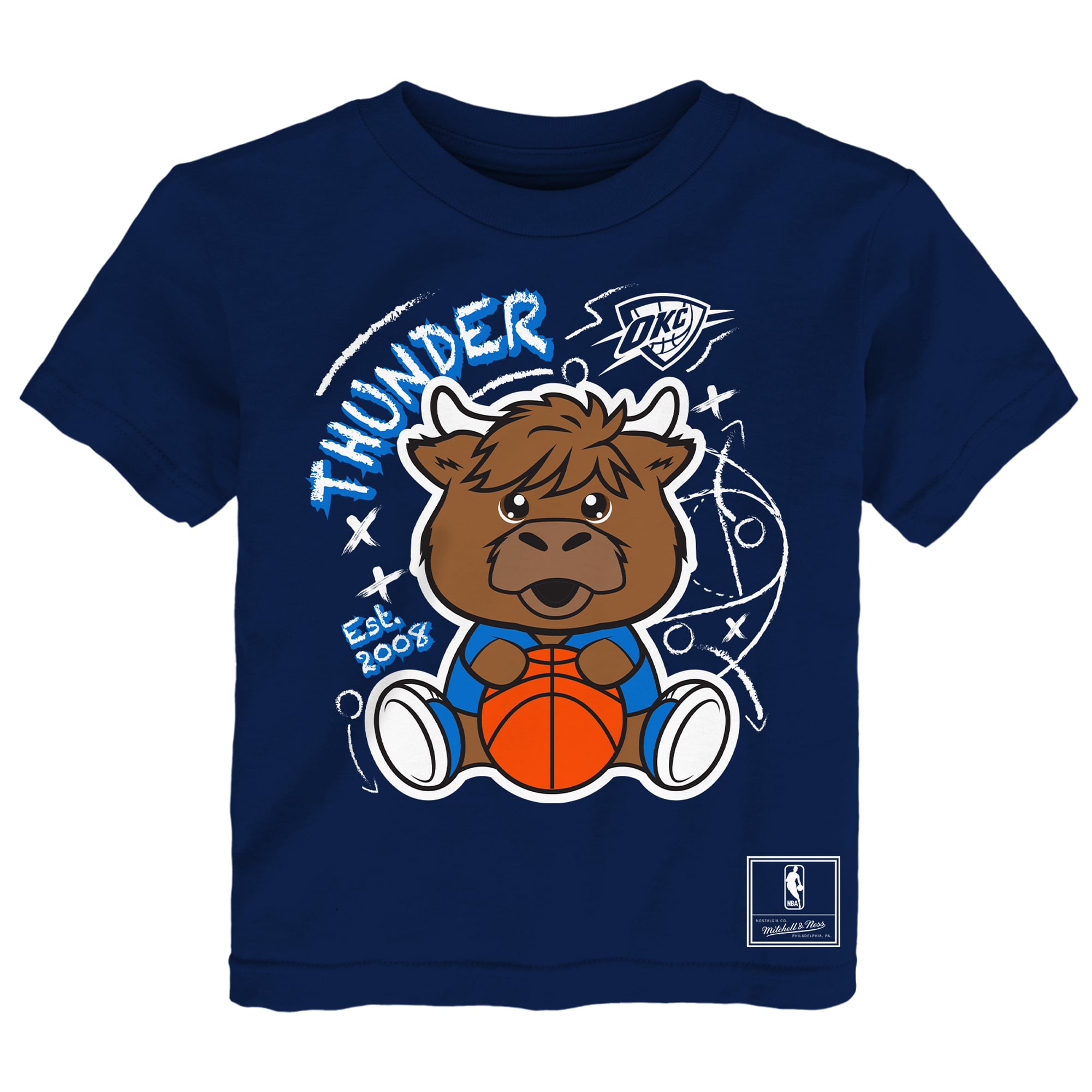Ensemble de deux t-shirts Mitchell & Ness pour tout-petits, bleu/gris chiné, motif Oklahoma City Thunder, avec croquis.