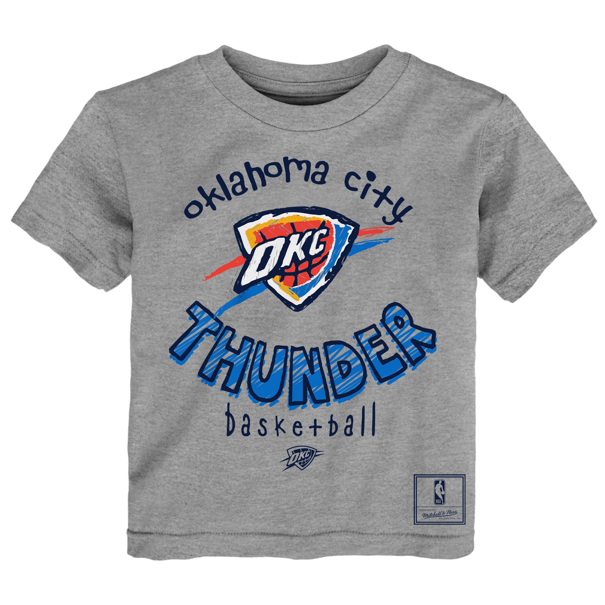 Ensemble de deux t-shirts Mitchell & Ness pour tout-petits, bleu/gris chiné, motif Oklahoma City Thunder, avec croquis.