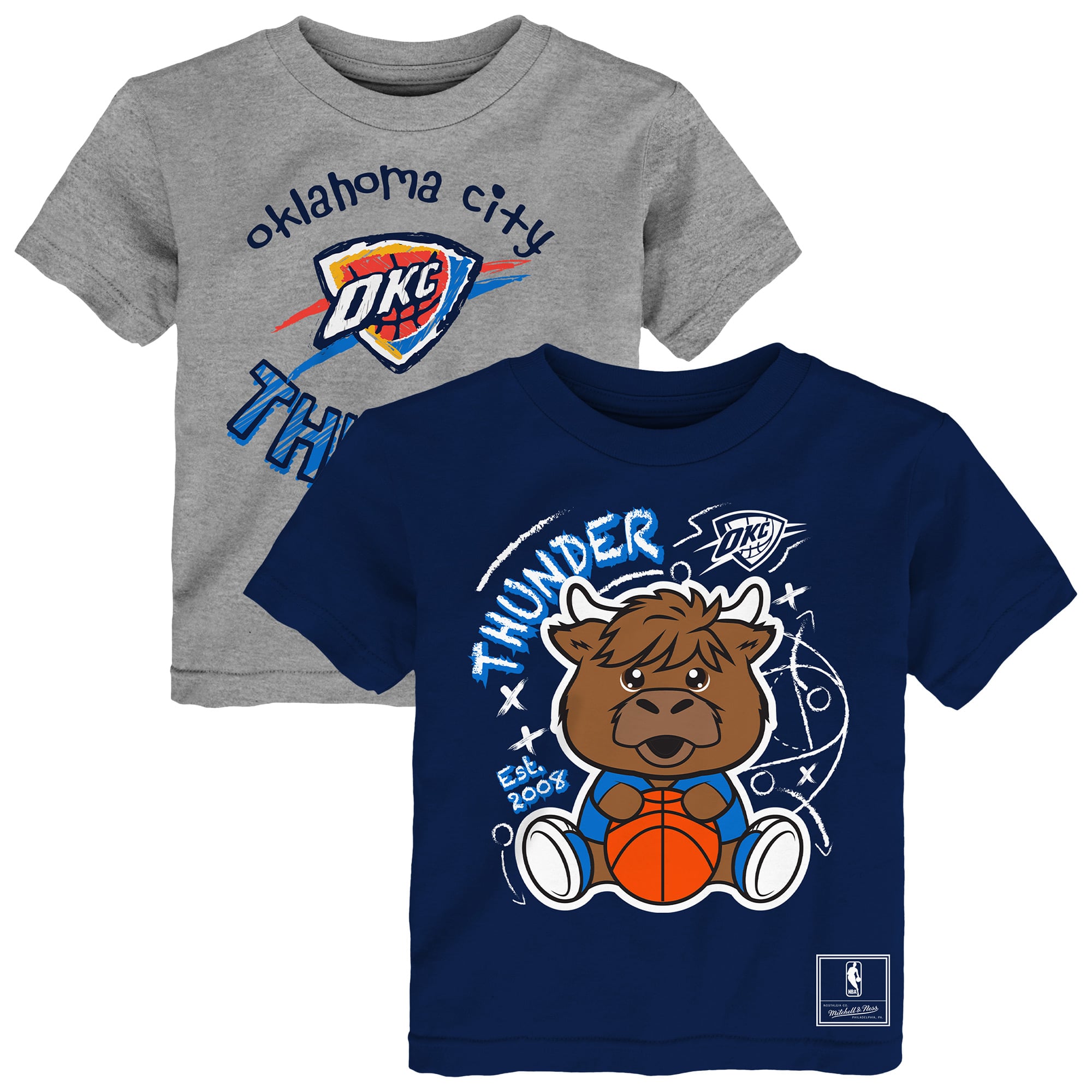 Ensemble de deux t-shirts Mitchell & Ness pour tout-petits, bleu/gris chiné, motif Oklahoma City Thunder, avec croquis.